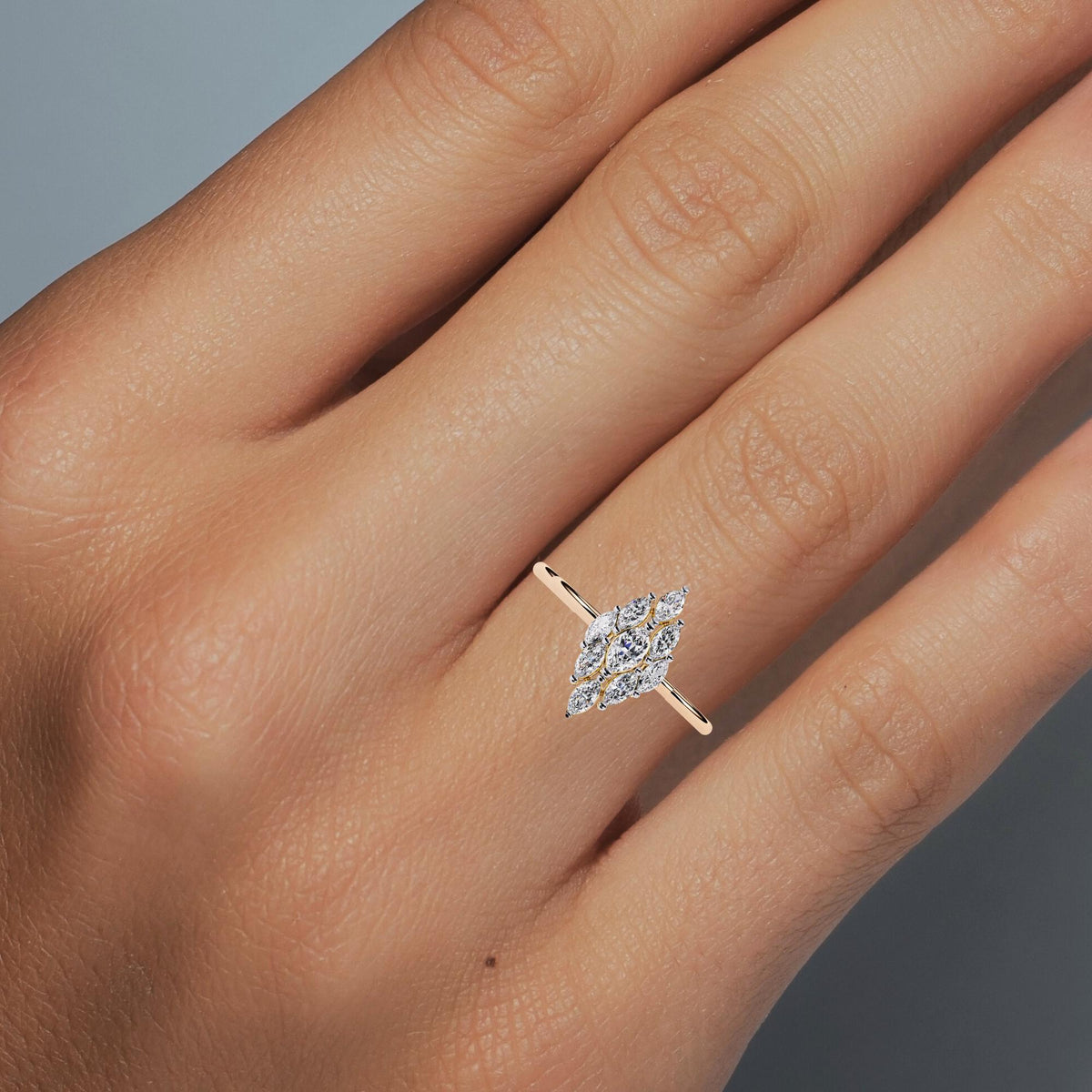 Art Deco Ring Vintage Marquise Diamond Yellow Gold Band Statement Piece Cluster Design Nine Stone Setting Large Cocktail Ring Premium Quality Construction Beautiful Handcrafted Details Classic Elegant Style Forever Ring Collection