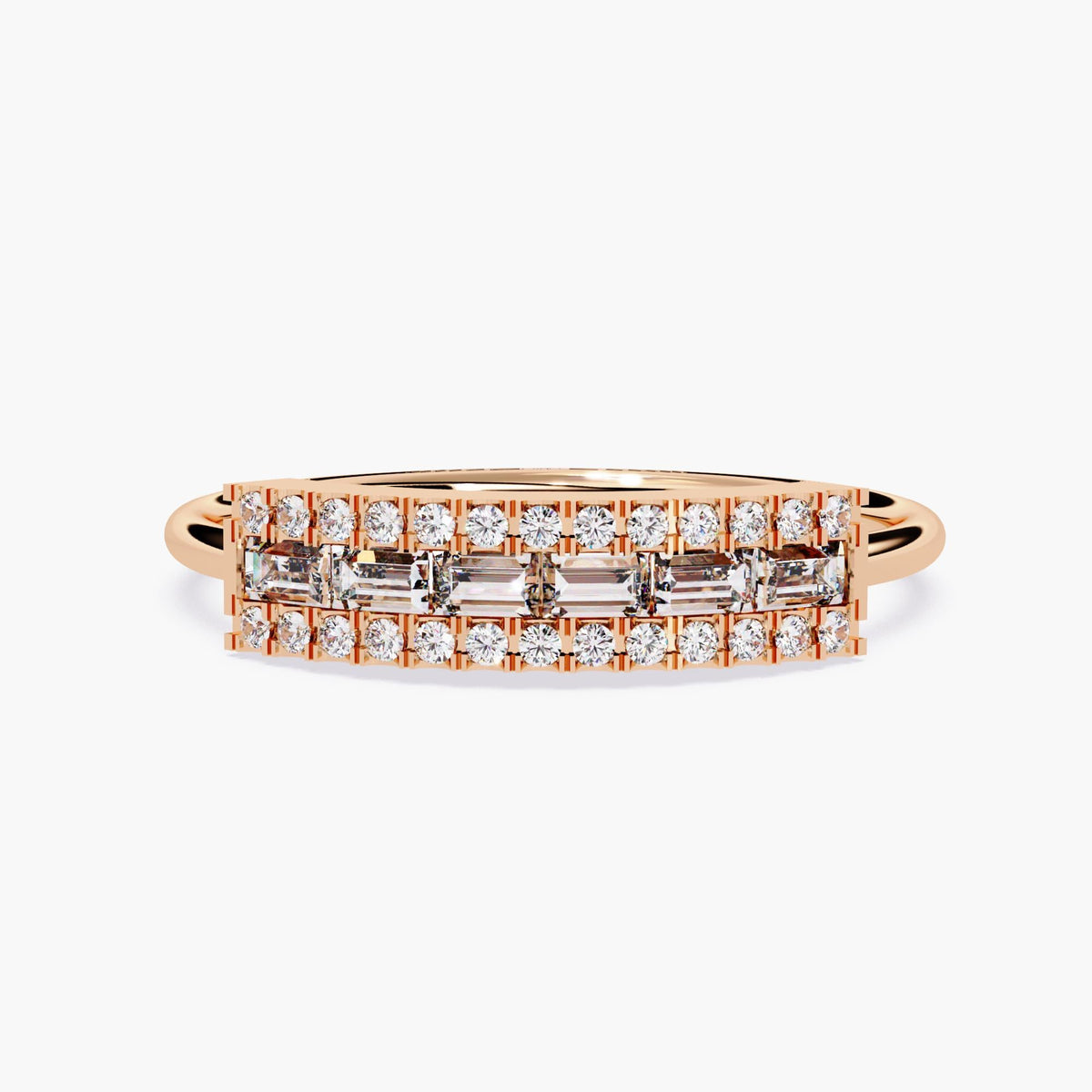 Baguette and Round Diamond Band, Gold Diamond Baguette Half Eternity Ring, Micropave Diamond Wedding Band