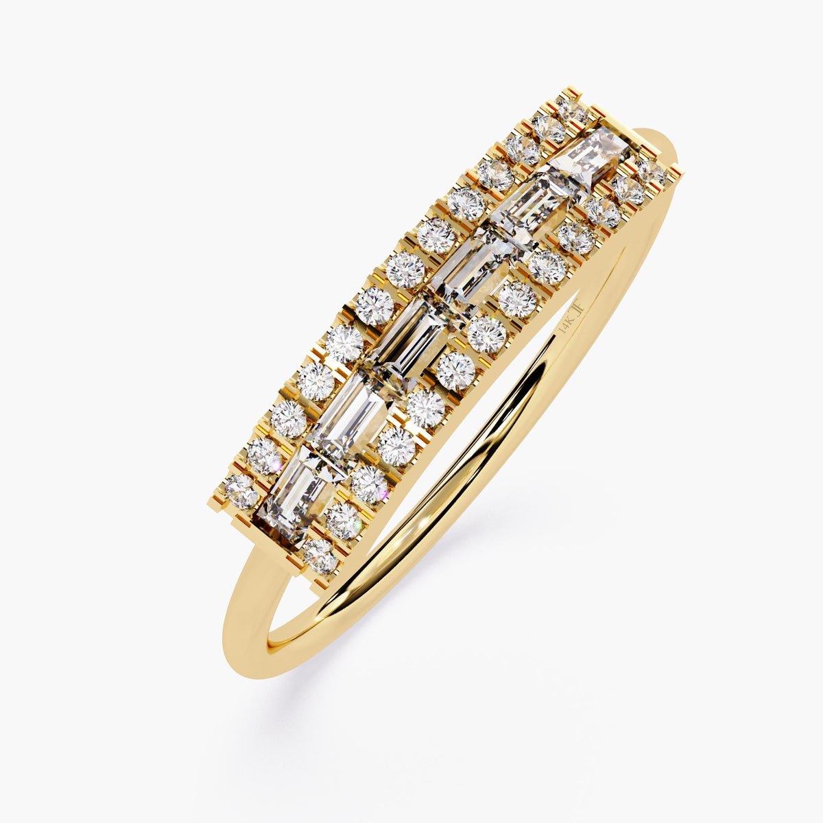 Angled view of a 14k yellow gold ring with three rows of natural diamonds. Baguette diamonds are set horizontally in the center, with round diamonds above and below. The shank is slim, giving the ring a clean, Art Deco-inspired look.