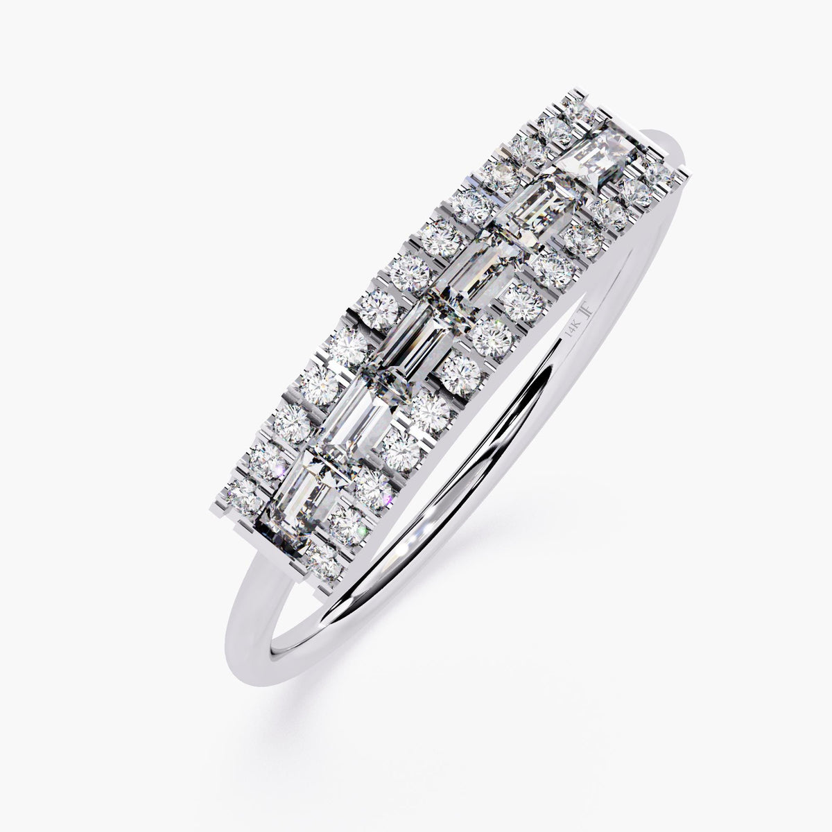 Angled view of a 14k white gold diamond ring with three rows of natural diamonds. The center row features horizontally set baguette diamonds, framed by two rows of round diamonds. The slim tapered band and structured layout give it a clean, Art Deco-inspired look, perfect for gifting or special occasions.