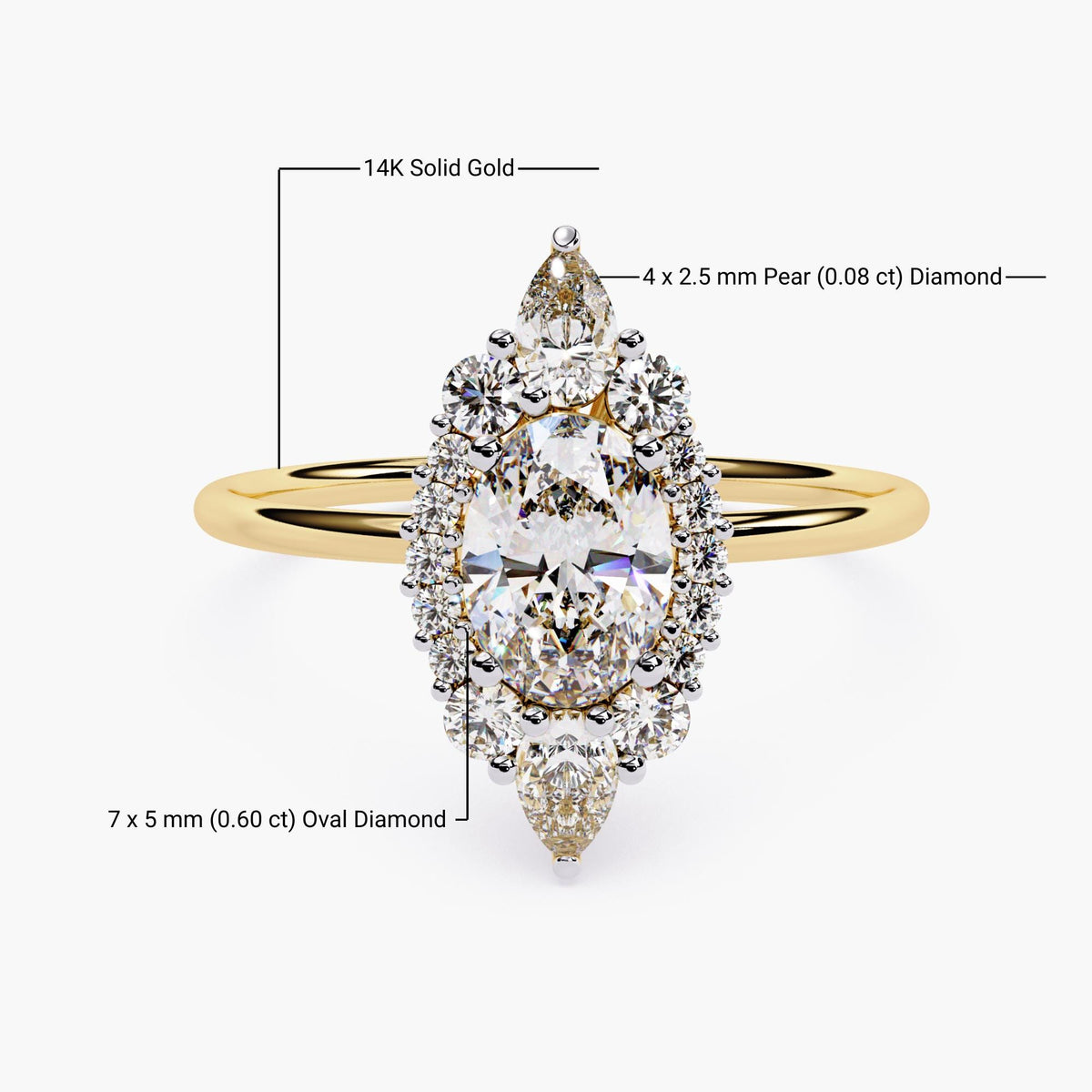 14K Gold Oval Natural Diamond Starburst Halo Ring, 1 CTW