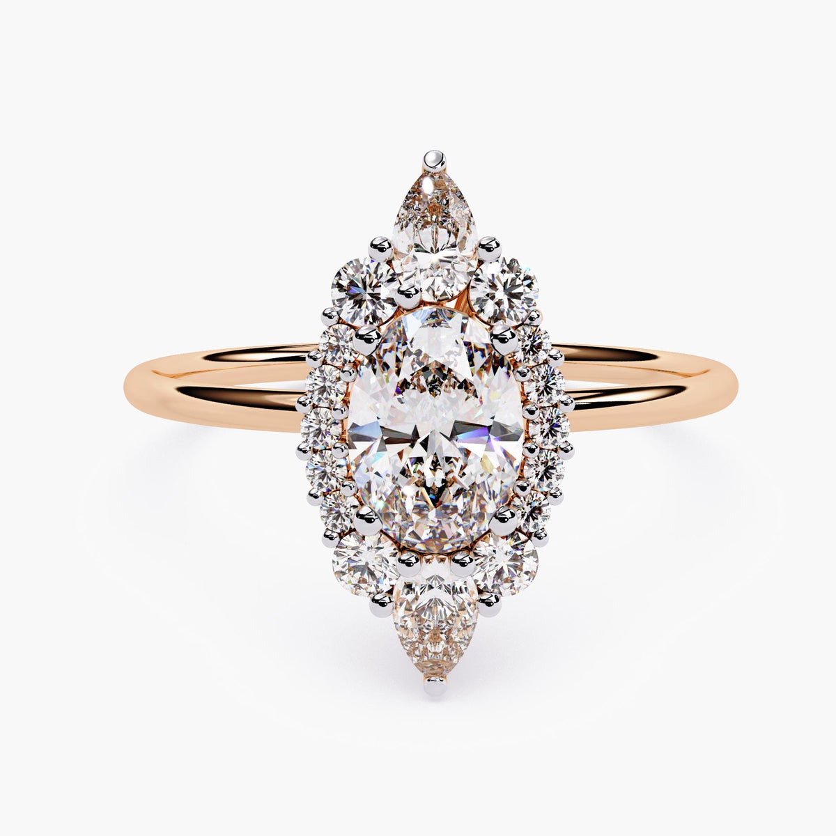 14K Gold Oval Natural Diamond Starburst Halo Ring, 1 CTW