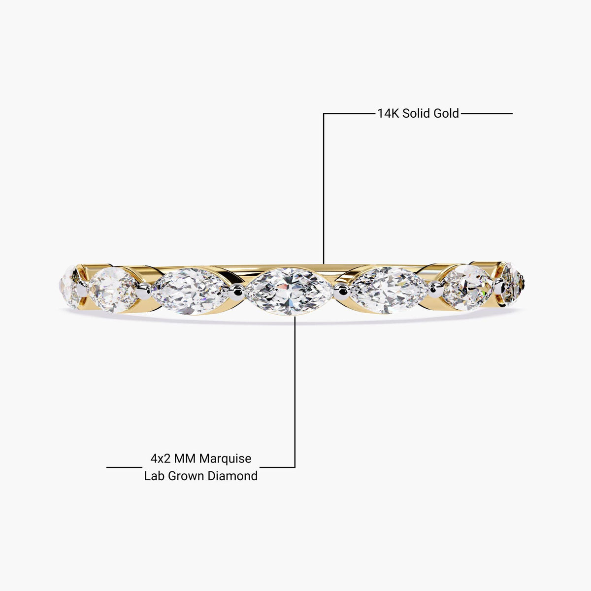 14K Gold Marquise Lab Grown Diamond Wedding Band - Half Eternity Stackable Ring