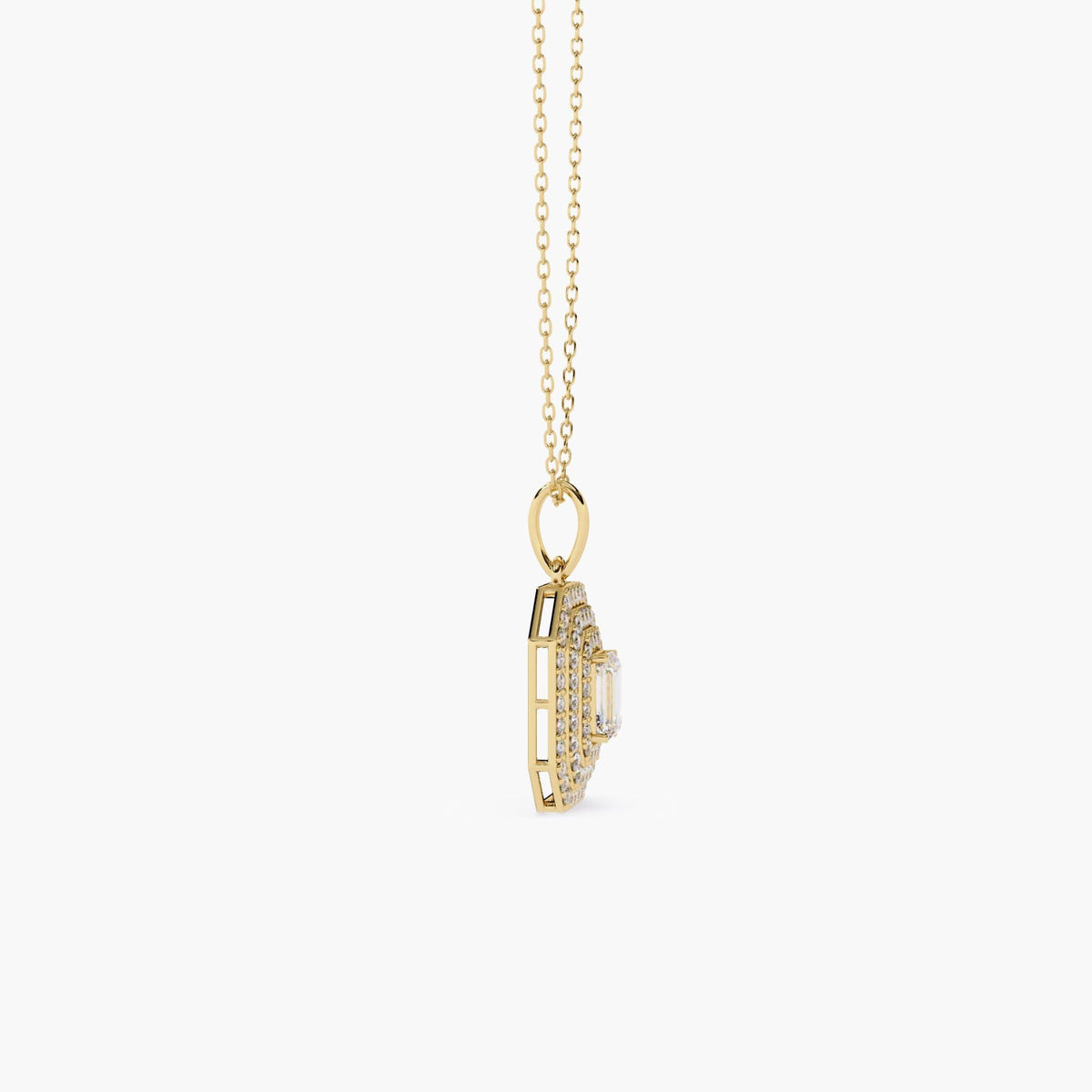 Emerald cut lab grown diamond pendant necklace in 14K solid gold with halo setting, minimalist dainty fine jewelry for women