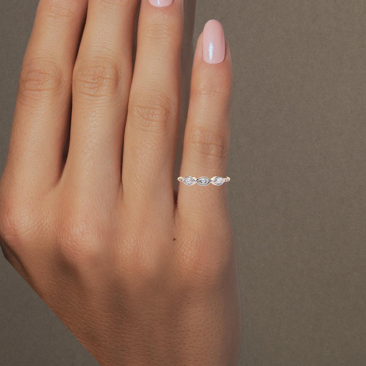 Marquise Wedding Ring, Round Cut Lab Grown Wedding Band, Minimalist Diamond Ring, 14K Solid Gold, Lab Grown Diamond Ring, 3 stone ring