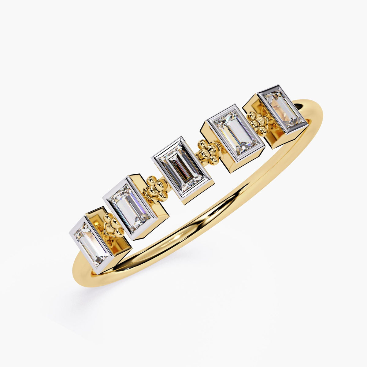 14k yellow gold ring featuring five vertical baguette-cut natural diamonds in bezel settings, each separated by small gold bead accents. The slim gold band enhances the geometric, modern design.