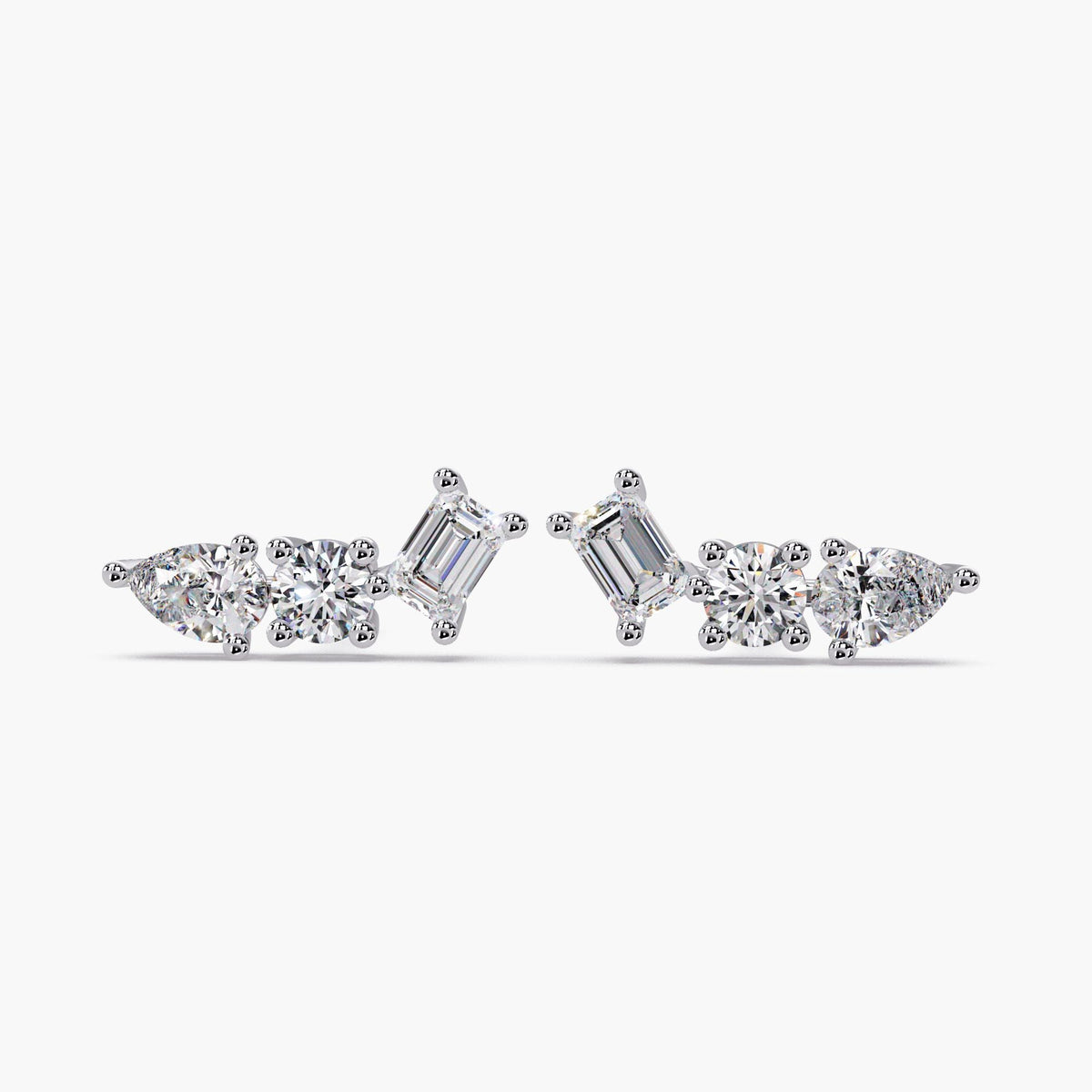 14k Gold Diamond Trio Stud Earrings: 1 Ct Curved Cluster Design