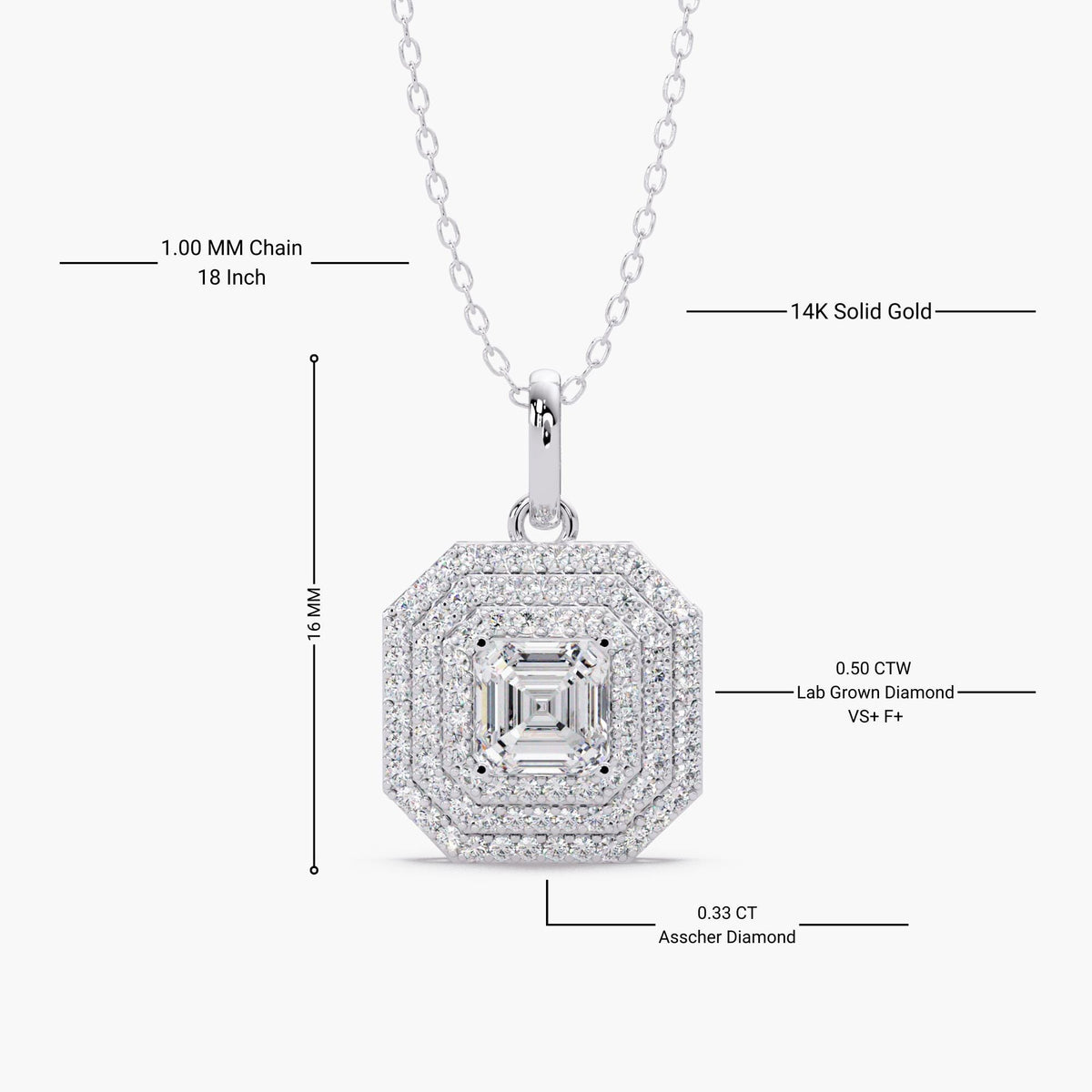 14K Gold Asscher Cut Lab Grown Diamond Halo Pendant Necklace, 0.50 CTW