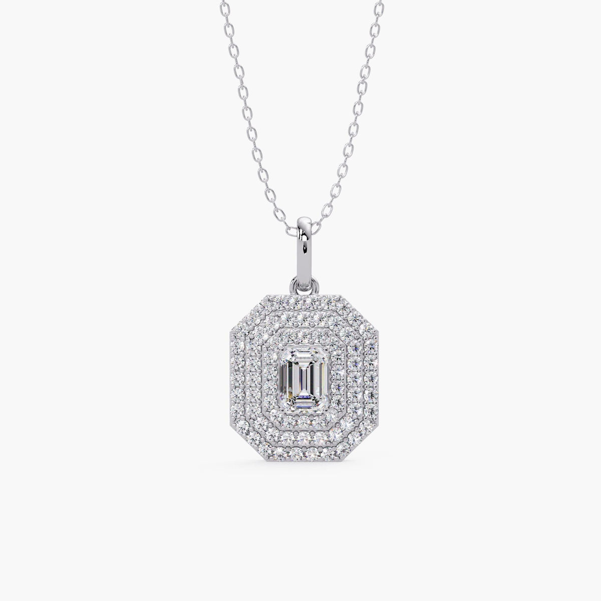 Emerald cut lab grown diamond pendant necklace in 14K solid gold with halo setting, minimalist dainty fine jewelry for women