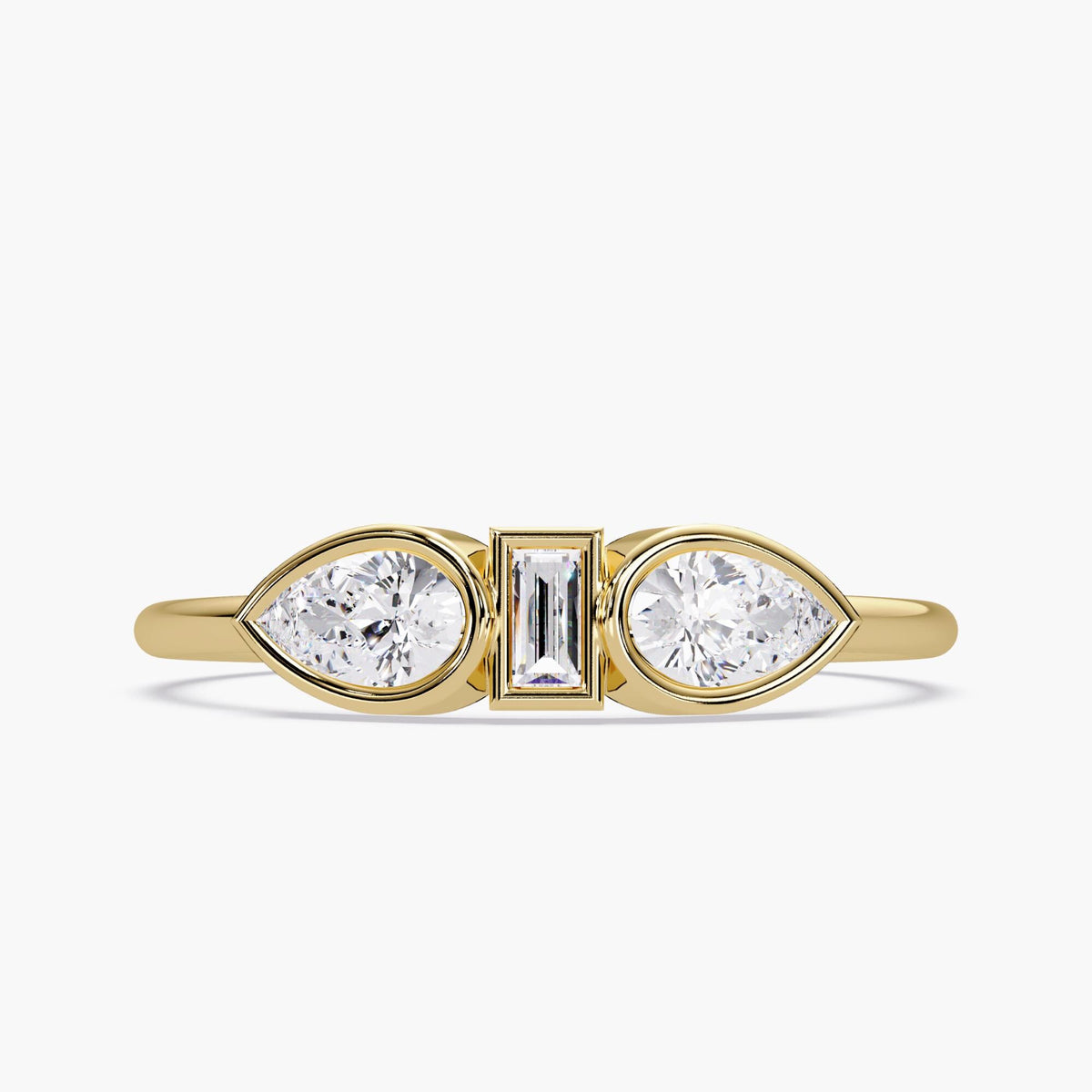 Pear and Baguette Diamond Ring in 14K Gold, Bezel Set Three Stone Ring, Horizontal Pear Diamond, 1st Anniversary Gift for Her
