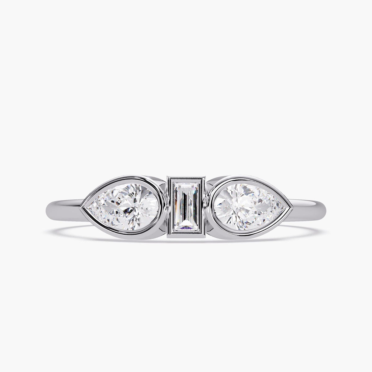 Pear and Baguette Diamond Ring in 14K Gold, Bezel Set Three Stone Ring, Horizontal Pear Diamond, 1st Anniversary Gift for Her