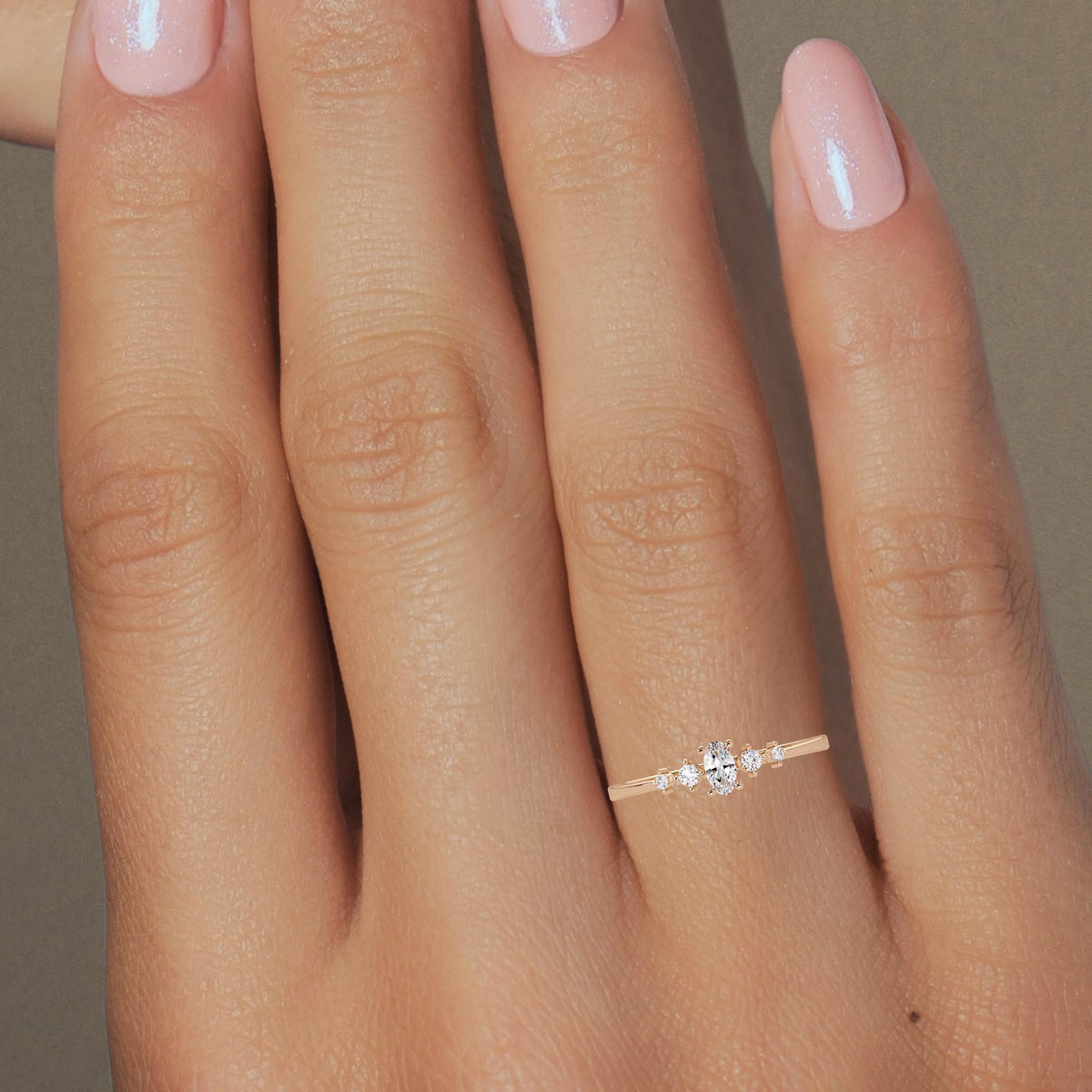 14K Gold 5 Stone Lab Diamond Ring, Oval and Round Diamond Ring, Oval Promise Ring, Dainty Stacking Ring, April Birthstone Gift for Her