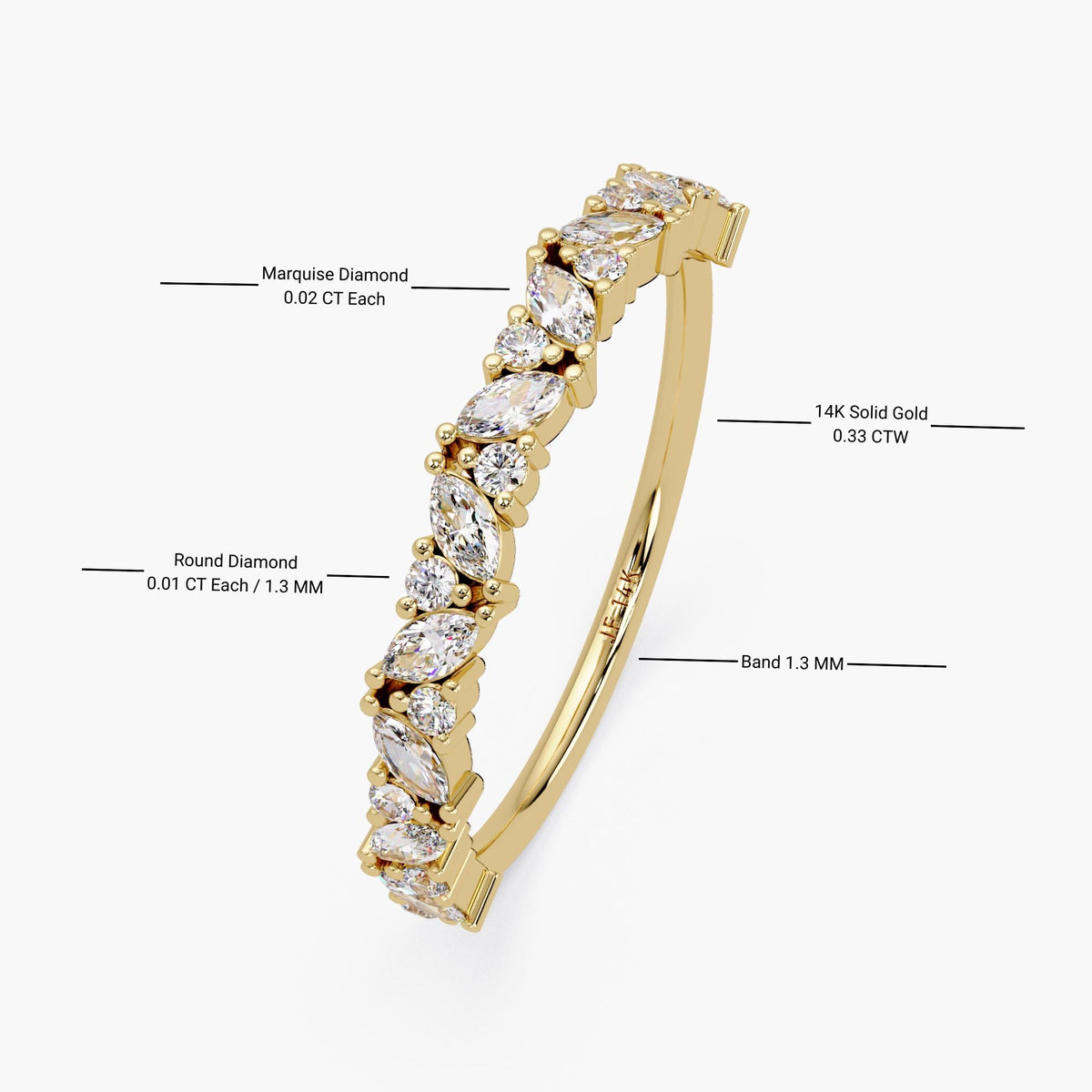 14K Gold Alternating Marquise & Round Diamond Band, Mix Cut Half Eternity Wedding Ring, Dainty Stacking Ring for Women