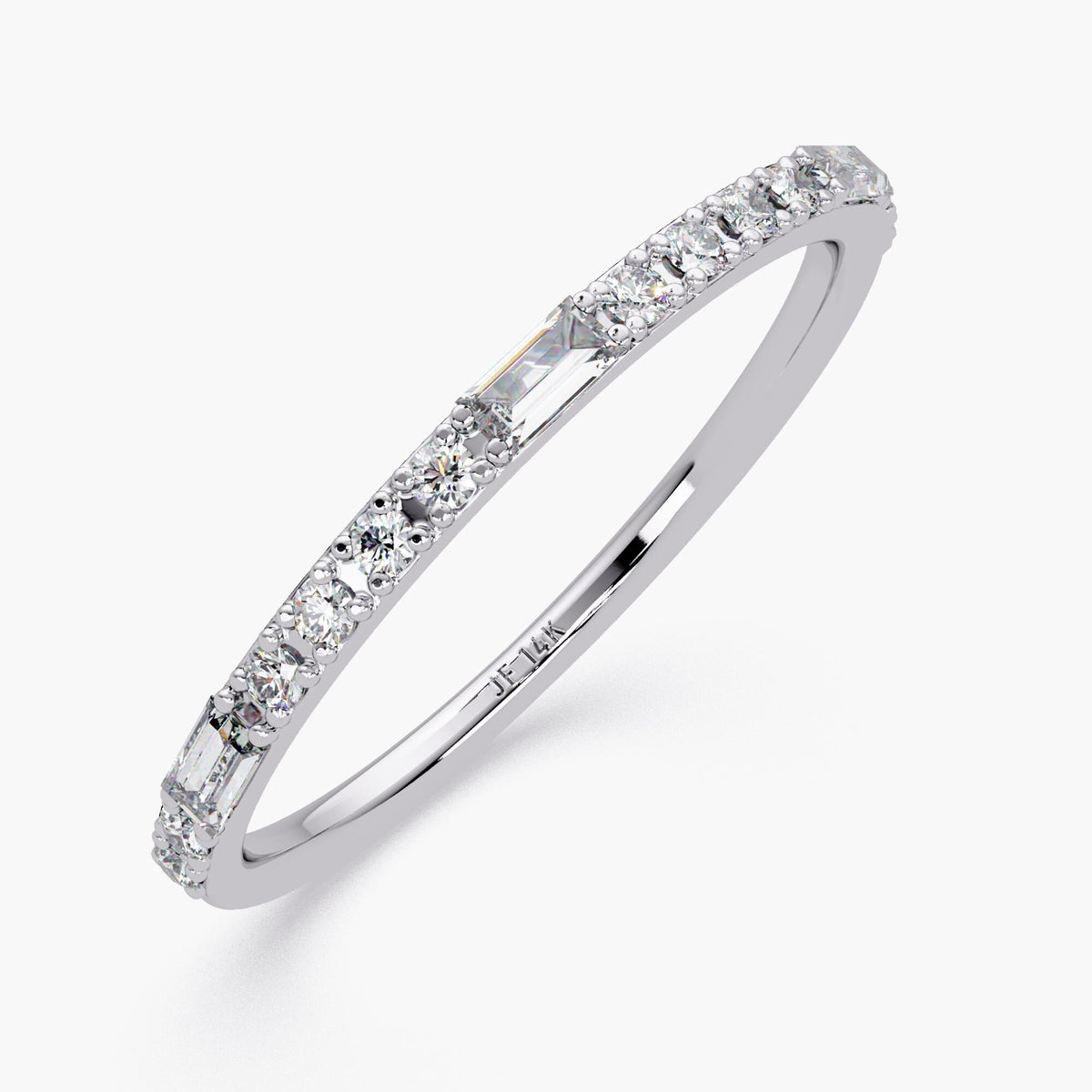 14K Gold Baguette and Round Diamond Ring, Thin 1.3mm Lab Grown Stackable Band, Dainty Wedding or Promise Ring