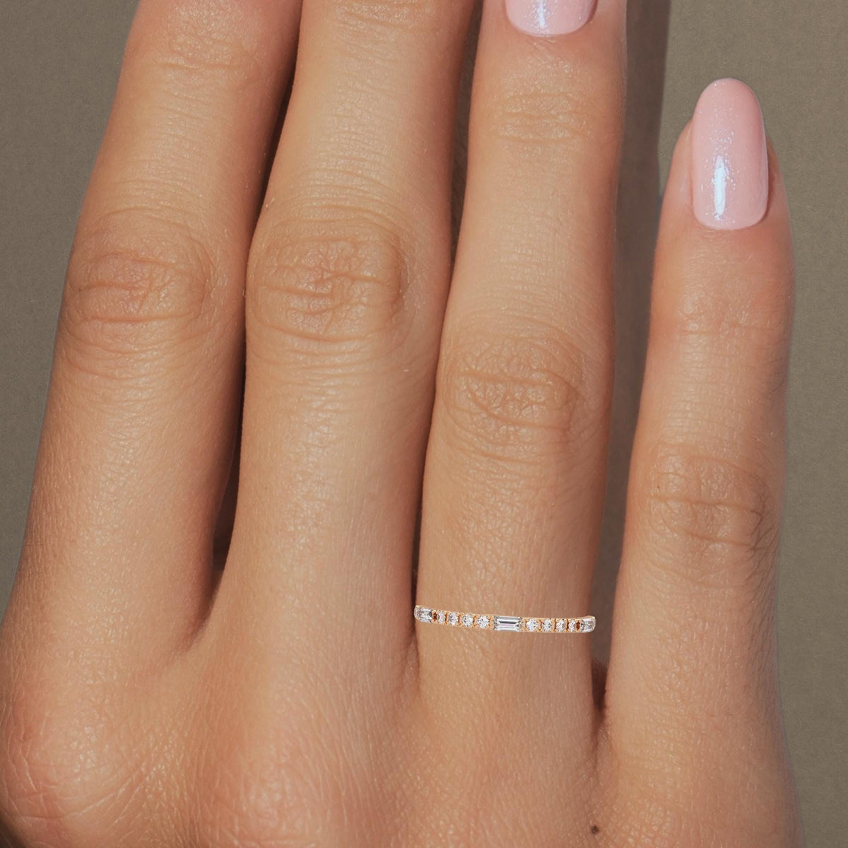 14K Gold Baguette and Round Diamond Ring, Thin 1.3mm Lab Grown Stackable Band, Dainty Wedding or Promise Ring