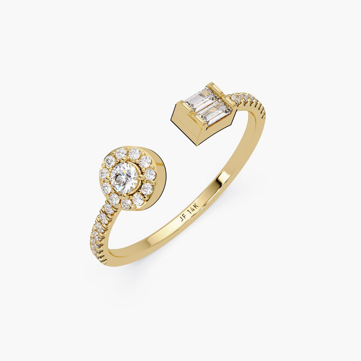 Dainty Open Diamond Ring, Toi et Moi Diamond Bypass Ring, Round Halo and Baguette Diamond Ring, Dainty Modern Ring, Jewelry Gift