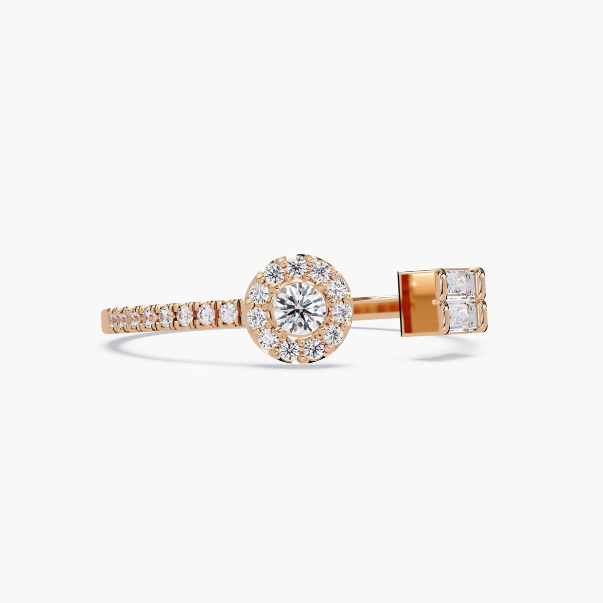 Dainty Open Diamond Ring, Toi et Moi Diamond Bypass Ring, Round Halo and Baguette Diamond Ring, Dainty Modern Ring, Jewelry Gift