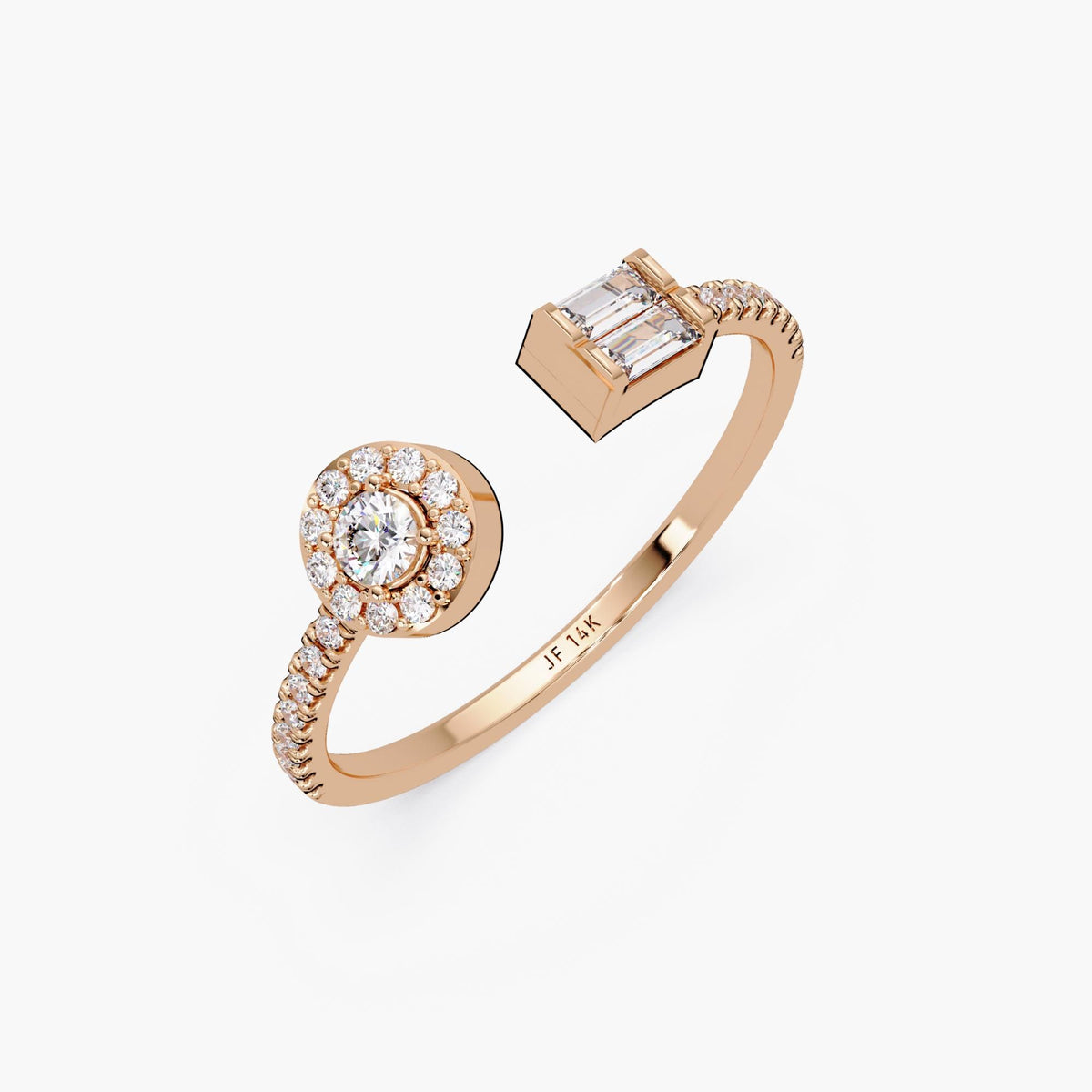 Dainty Open Diamond Ring, Toi et Moi Diamond Bypass Ring, Round Halo and Baguette Diamond Ring, Dainty Modern Ring, Jewelry Gift