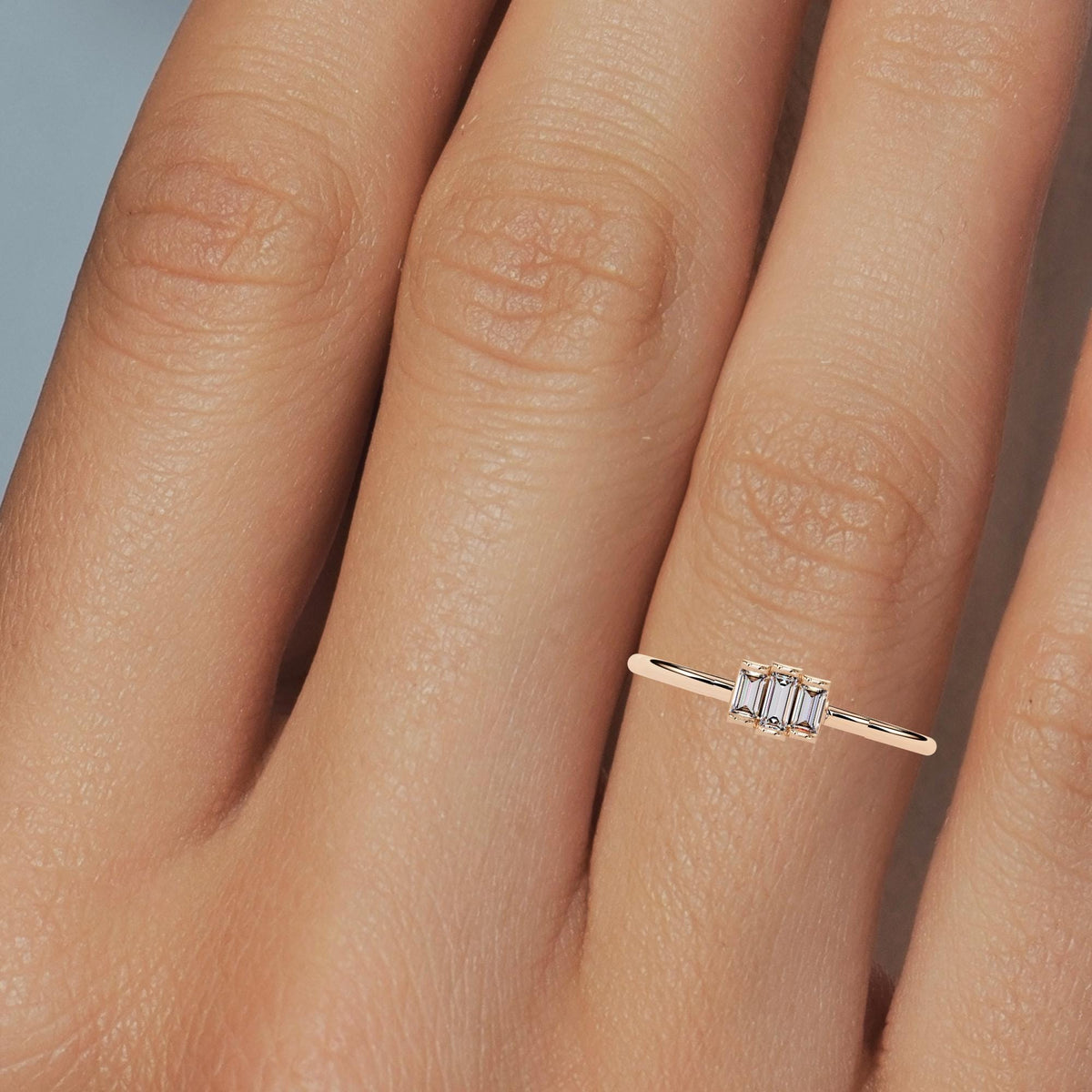 Baguette Diamond Ring, 3 Stone Diamond Ring in 14k Solid Gold, Dainty Baguette Channel Set Ring, Minimalist Ring for Her, Geometric Ring