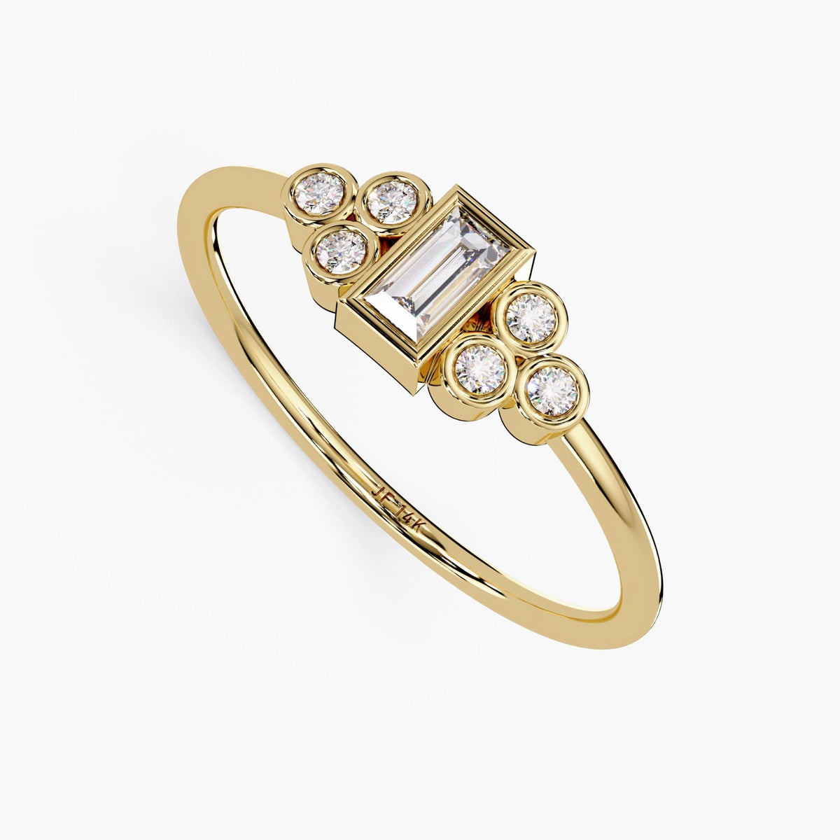 14K Gold Baguette Cluster Ring, Baguette Bezel Diamond Ring, Dainty Baguette Stacking Ring, Gold Bubble Cluster Ring, Gift for Friend