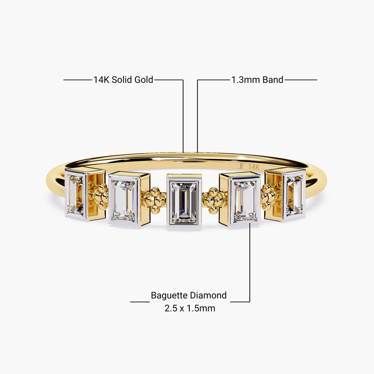 14k yellow gold ring with five 2.5 x 1.5 mm vertical baguette-cut diamonds in bezel settings. The diamonds are spaced with gold beaded accents, set on a slim 1.3mm solid gold band.