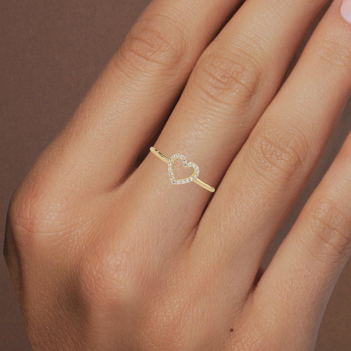Natural Diamond Open Heart Ring, 14K Solid Gold Dainty Jewelry, Small Heart Diamond Ring, Gift for Girlfriend or Wife Yellow Rose White Gold