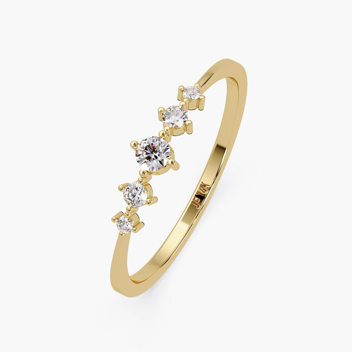 Side view of 5 Diamond Tapered Ring, Dainty Gold Stacking Band.