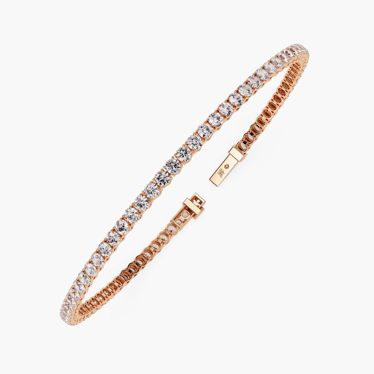 A rose gold diamond tennis bracelet displayed in an open circular layout, featuring round cut diamonds in a prong setting with a box clasp. Shown on a white background.