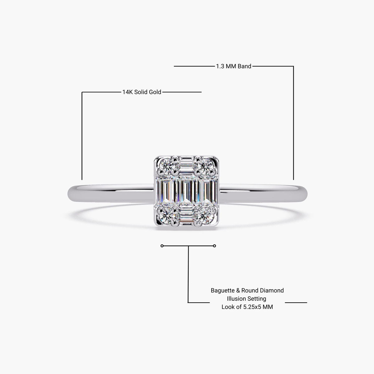 Size dimensions of emerald illusion rectangle diamond ring in millimeters