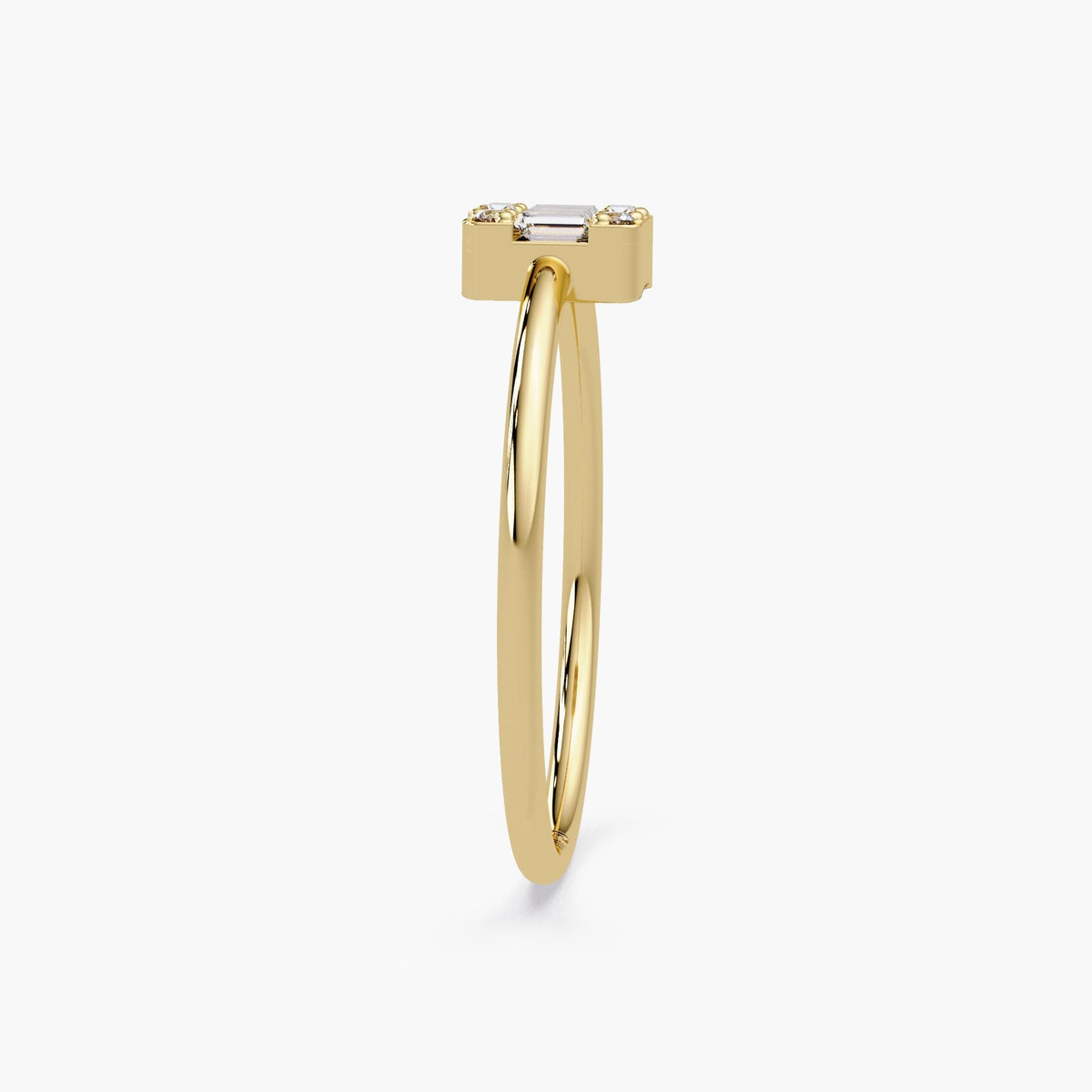 Band profile and height of baguette diamond ring in 14K yellow gold