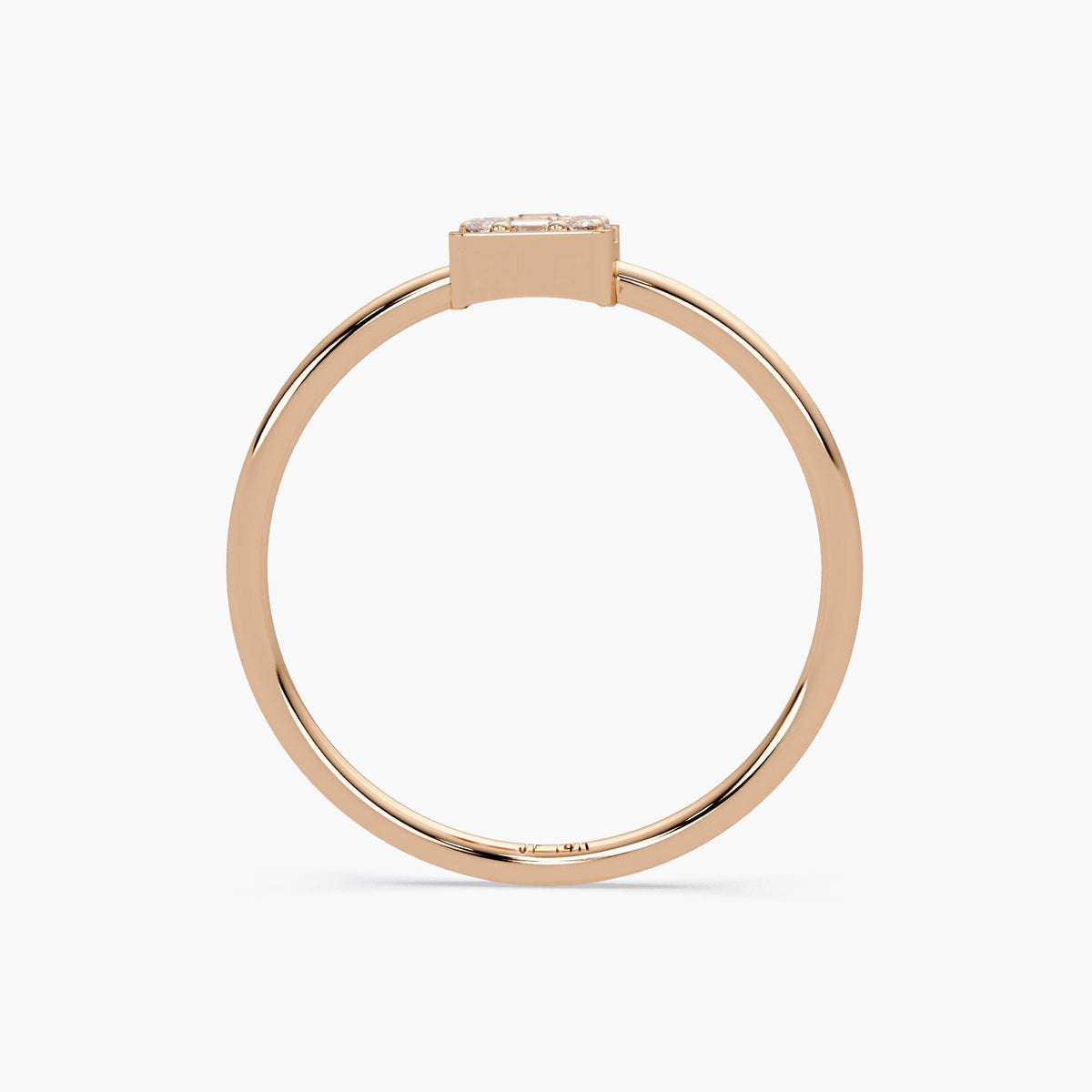 Rectangle baguette diamond ring photographed from top for detail