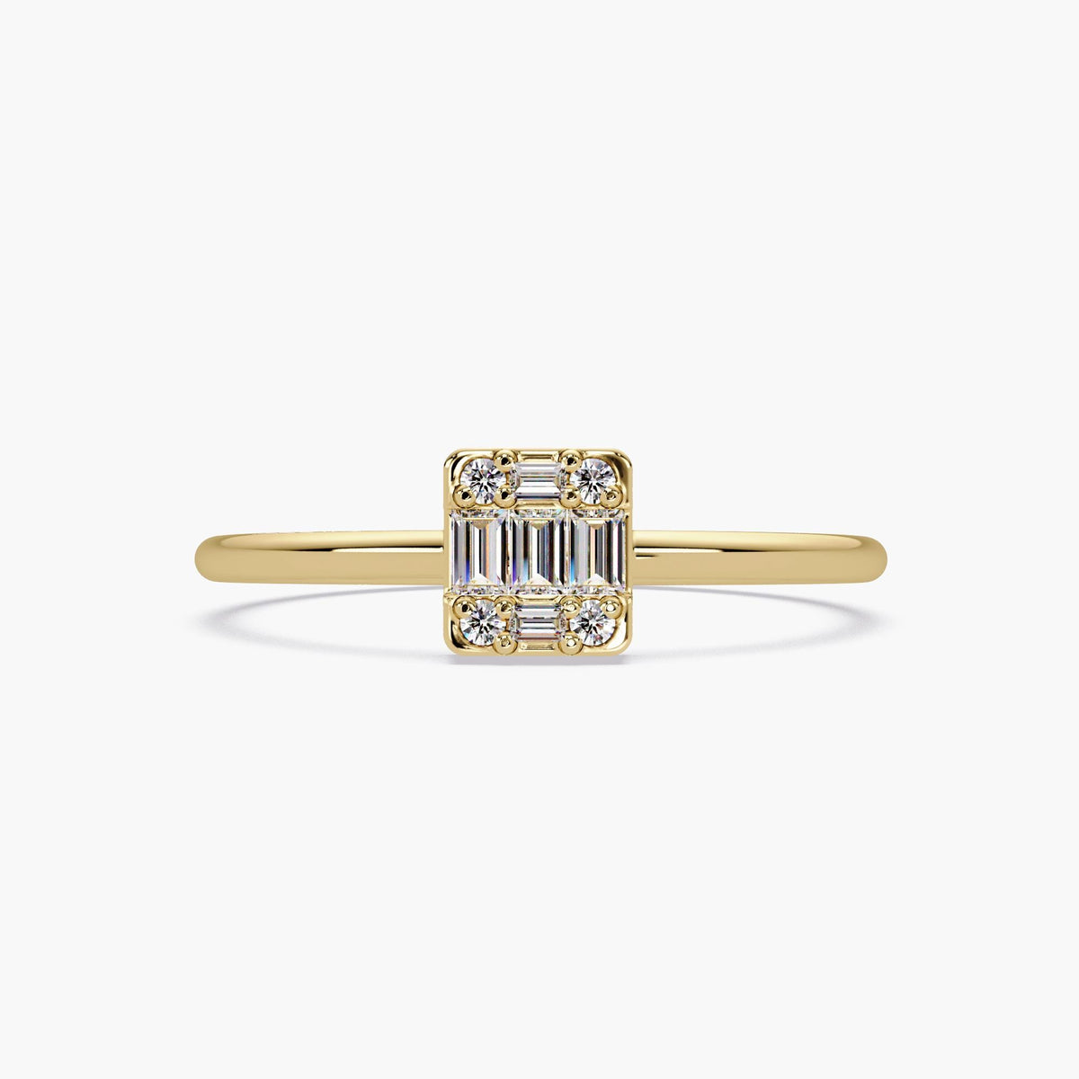Rectangle illusion diamond ring in 14K yellow gold with round and baguette cut