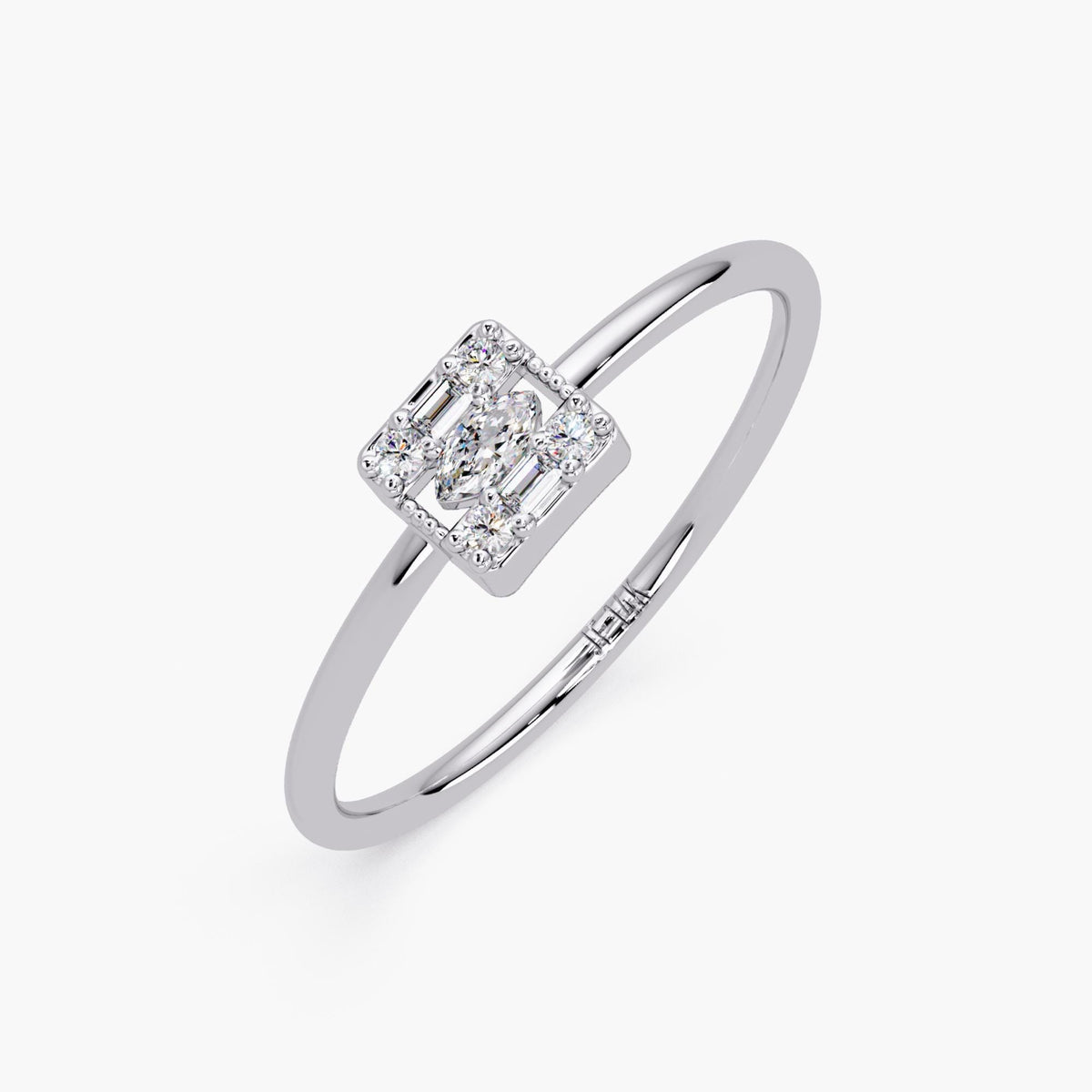 Angled view of the ring in white gold.