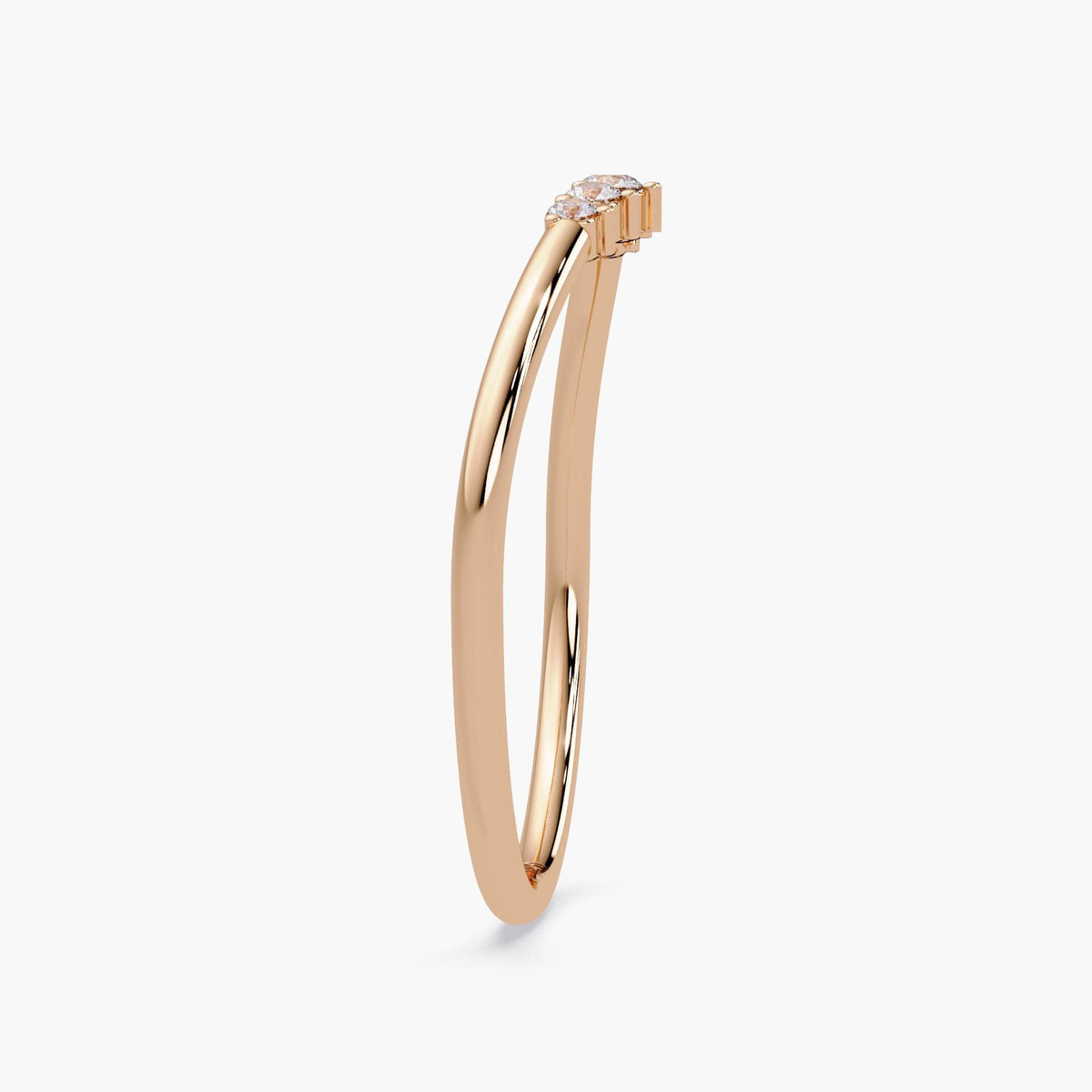 Angled side view of the curved five-stone ring in rose gold.