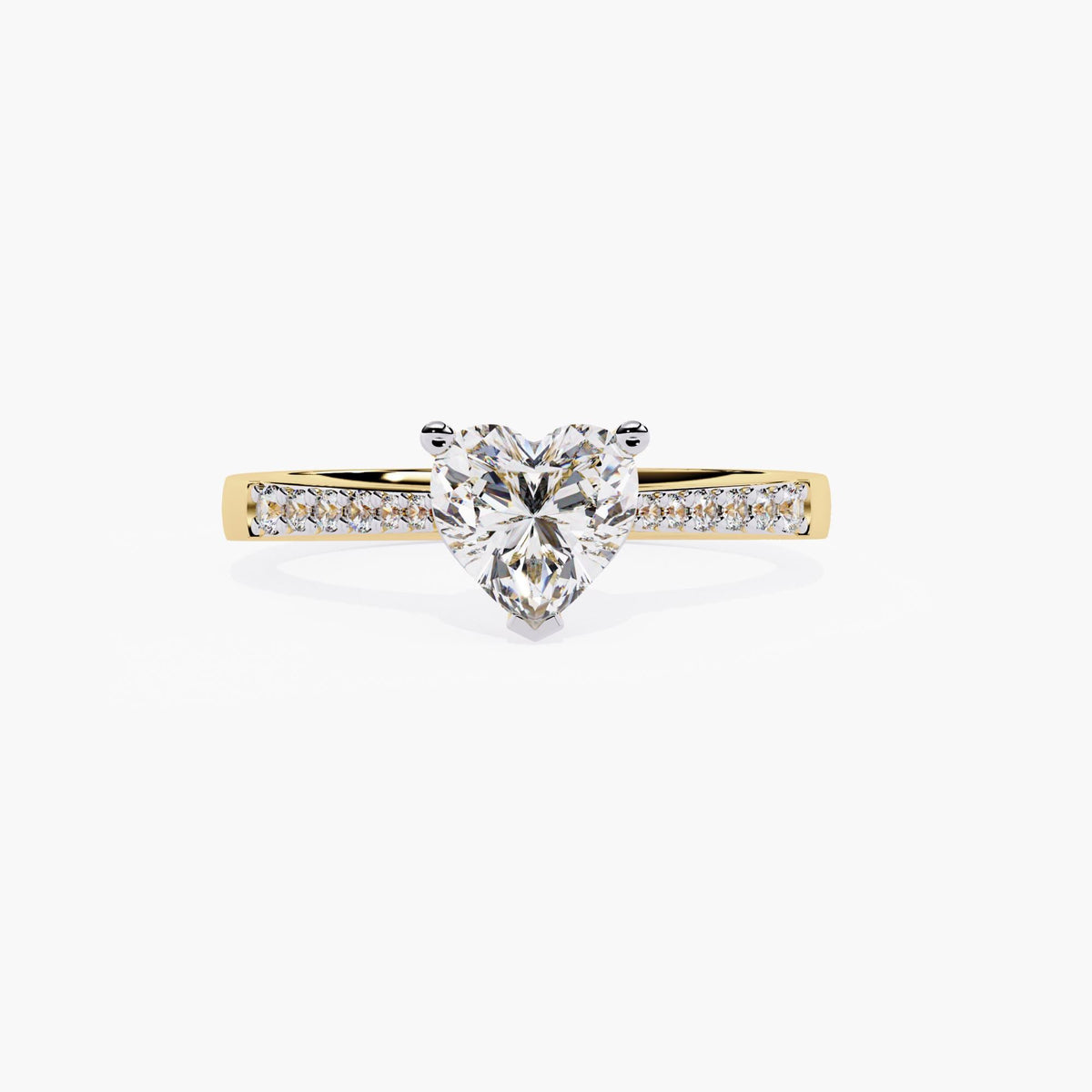 A gold ring band featuring a heart-shaped diamond center stone, adorned with small round-cut stones on the sides.