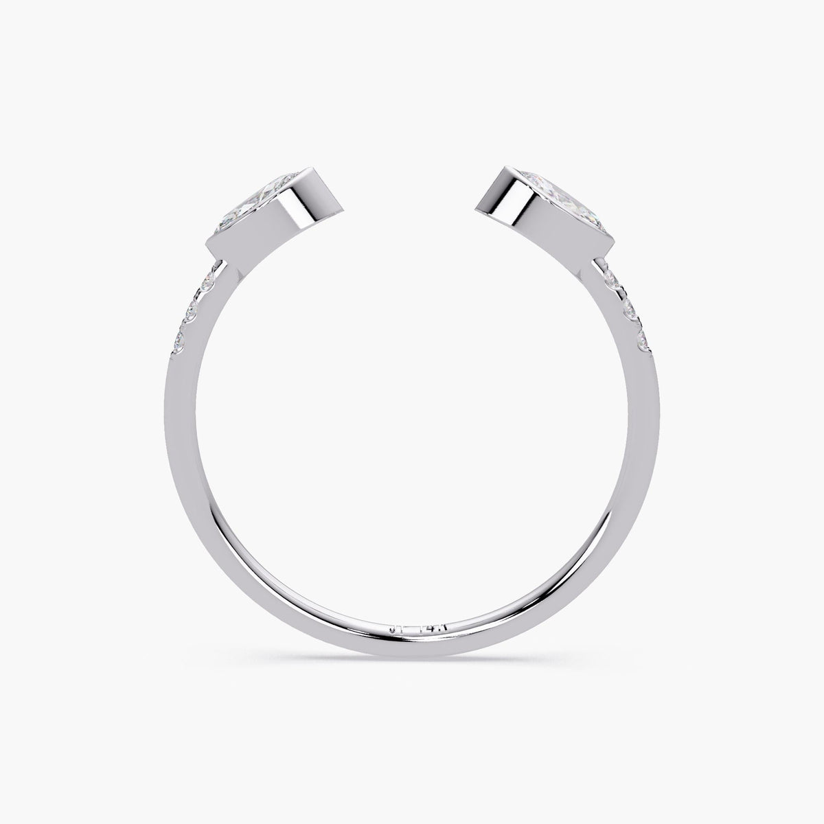 Side view of a 14K white gold open ring featuring marquise diamonds set in bezel settings at each end, with small round diamonds on the side of the band.