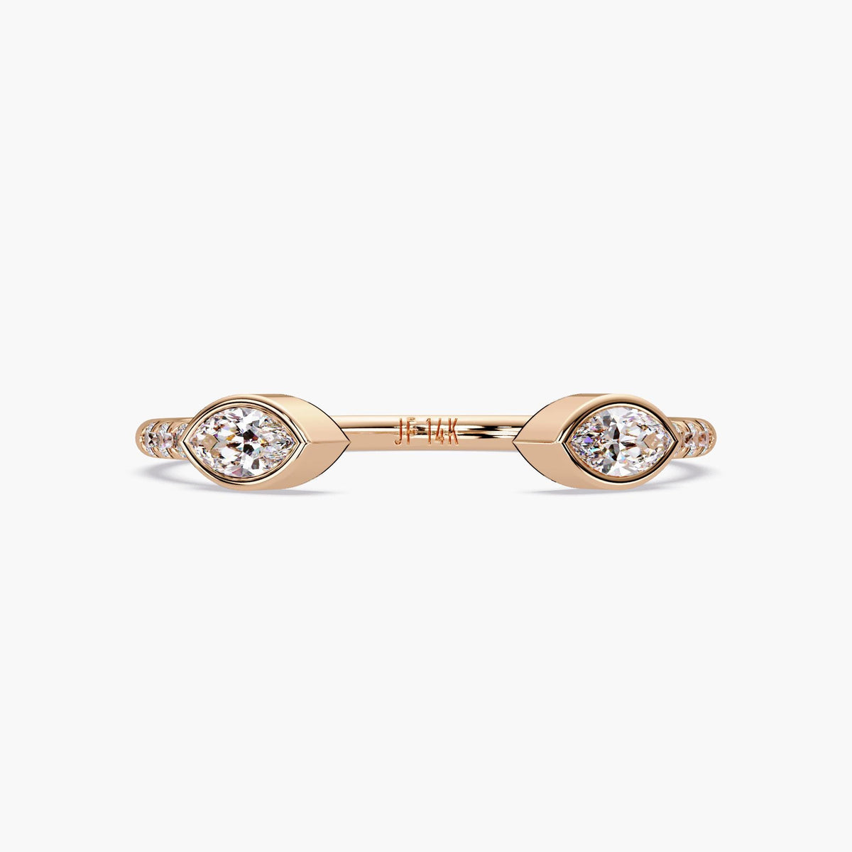 14K rose gold open ring featuring marquise diamonds set in bezel settings at each end, with small round diamonds on the side of the band.