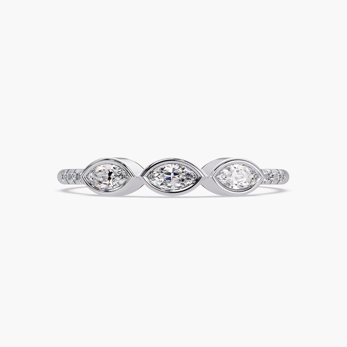 14K white gold ring featuring three marquise diamonds set in bezel settings, with small round diamonds on the sides of the band.