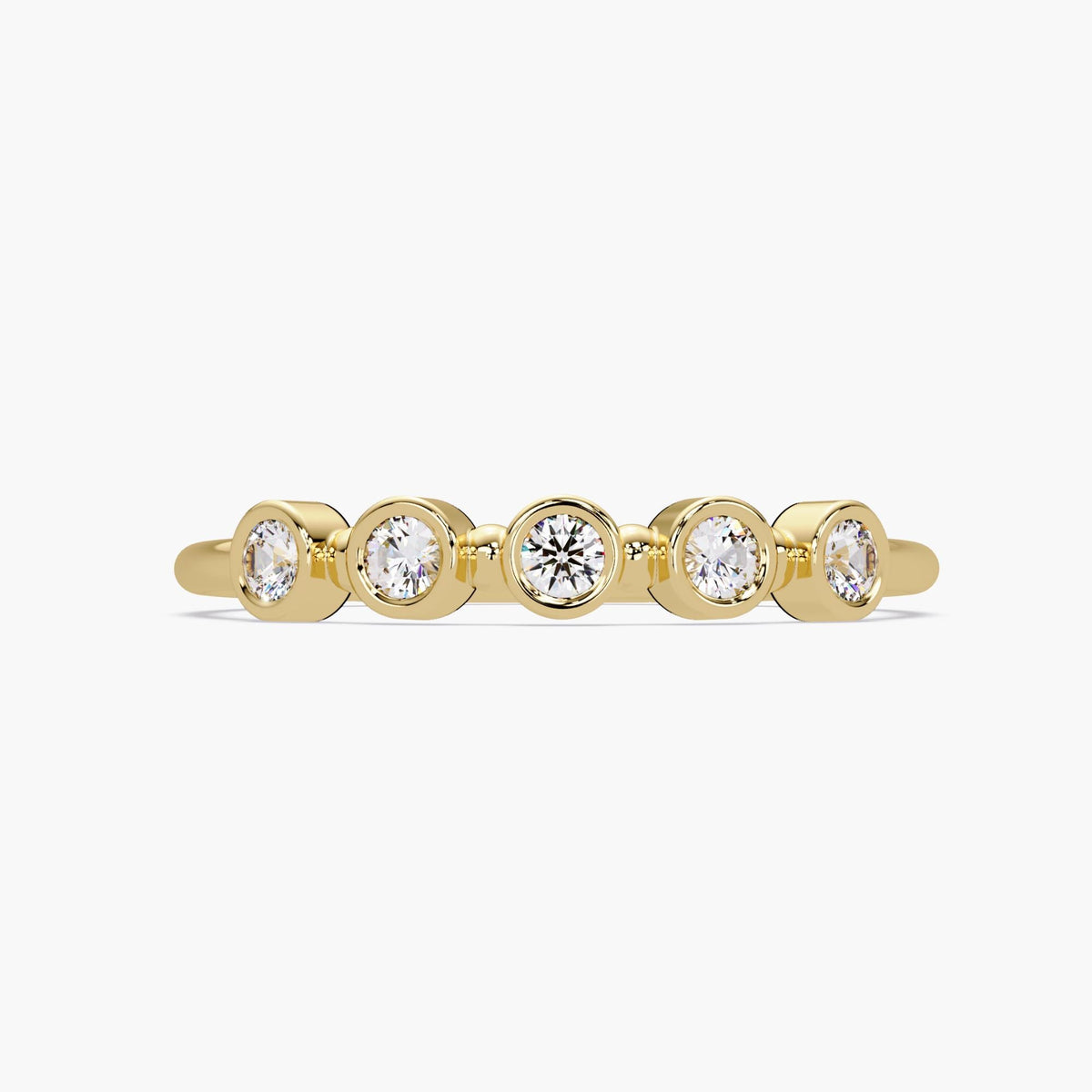 A 14K gold diamond band featuring five round diamonds set in bezel settings, with each diamond spaced evenly along the band, shown on a white background