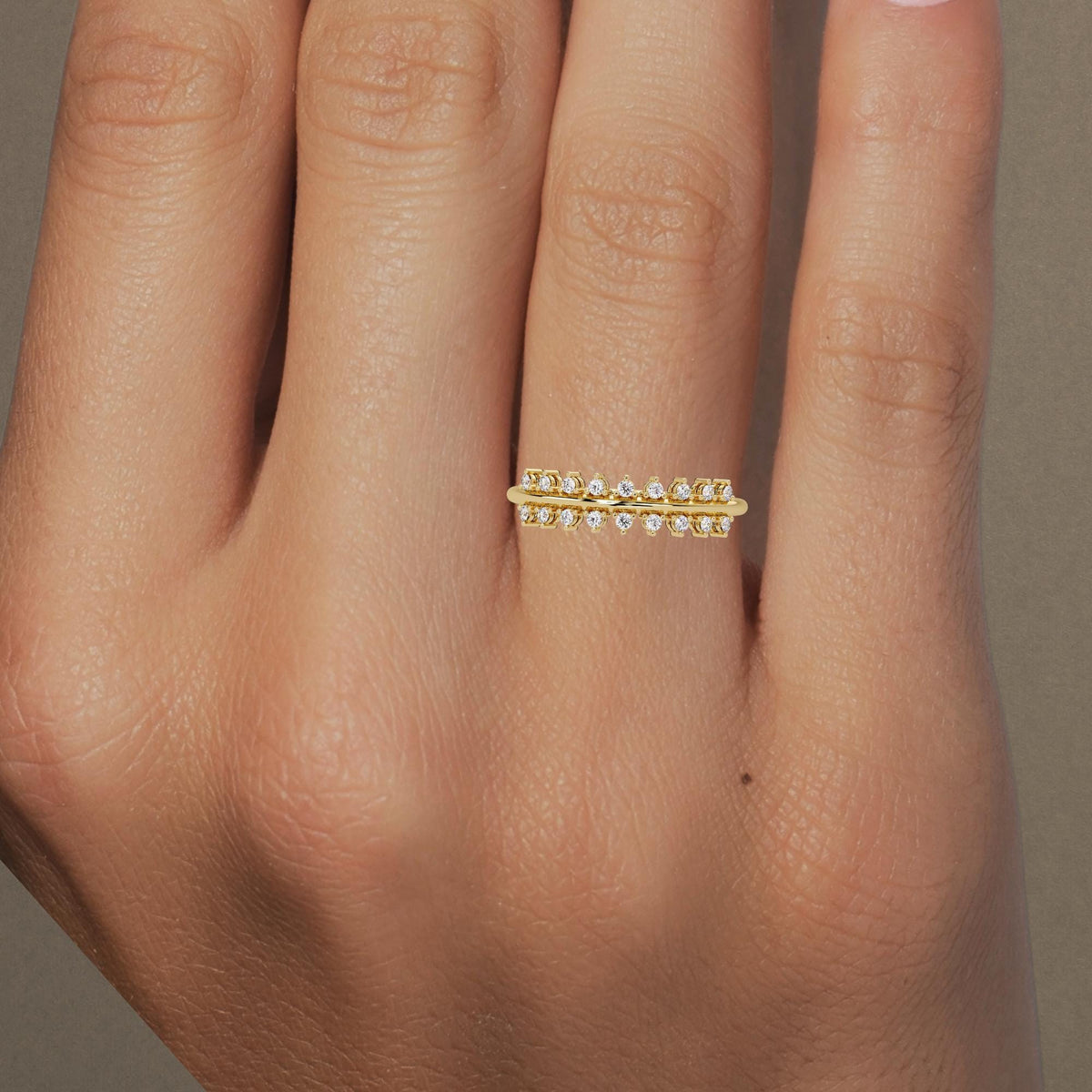 Floating Crown Diamond Ring in 14K Gold, Double Row Geometric Band, Real Diamond Statement Ring, Gift for Her