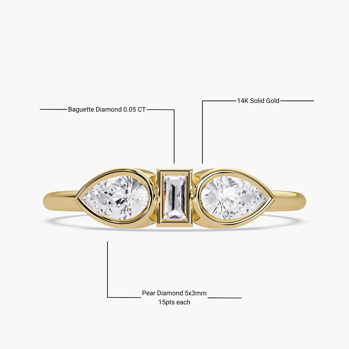 Pear and Baguette Diamond Ring in 14K Gold, Bezel Set Three Stone Ring, Horizontal Pear Diamond, 1st Anniversary Gift for Her