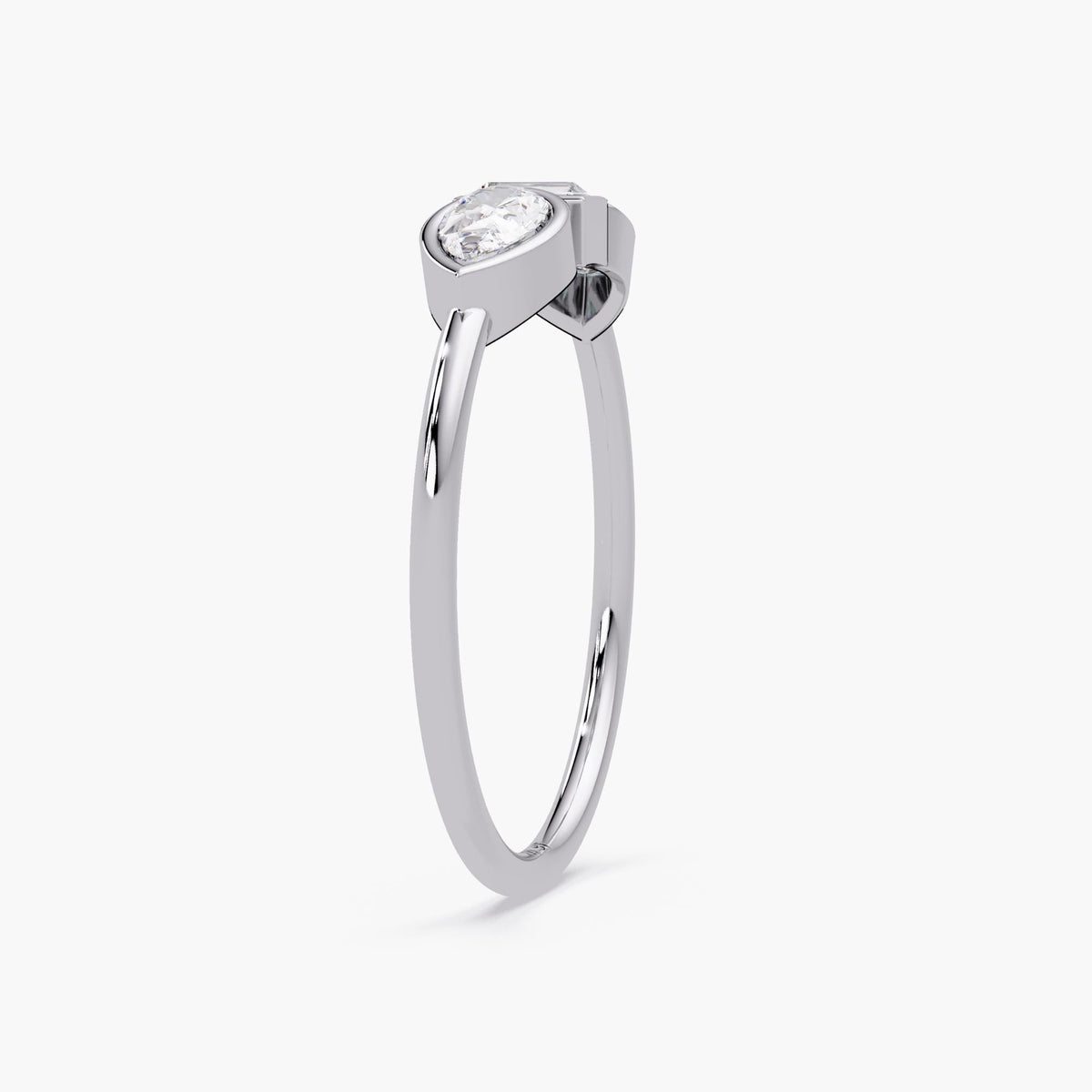 Pear and Baguette Diamond Ring in 14K Gold, Bezel Set Three Stone Ring, Horizontal Pear Diamond, 1st Anniversary Gift for Her