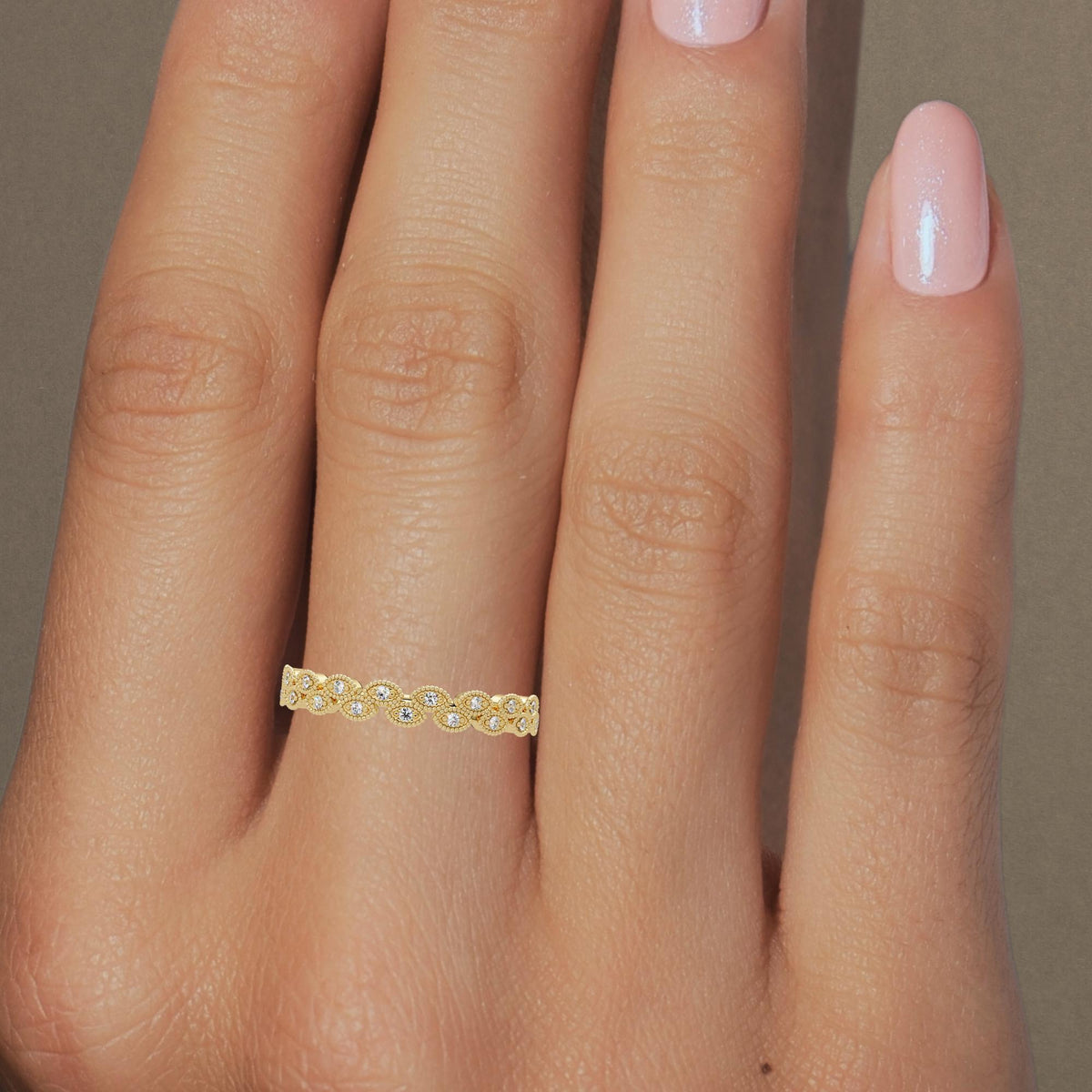 Marquise Eyelet Diamond Band in 14K Gold, Natural Diamond Milgrain Ring, Vintage-Inspired Wedding Band, Stacking Gift for Her
