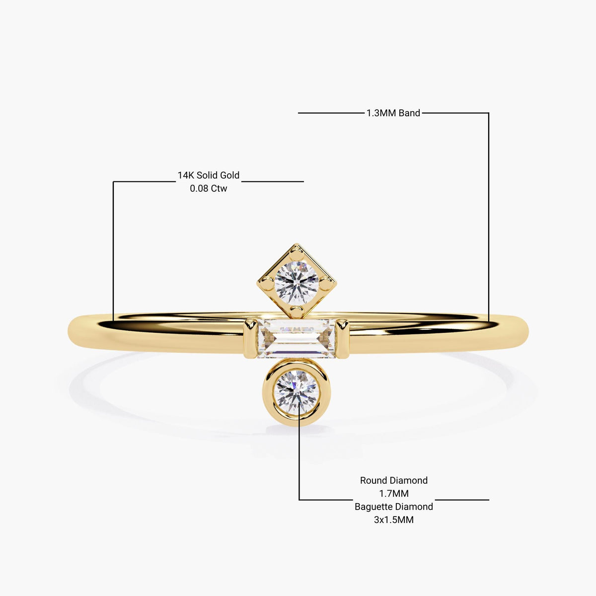 Front view of a 14k yellow gold geometric ring with labeled measurements showing a 1.3mm band and three lab-grown diamonds. The ring features a 3x1.5mm baguette diamond in the center, a 1.7mm round bezel-set diamond below, and a prong-set round diamond above. This layout highlights the ring’s petite scale and balanced design, ideal for minimalist everyday wear or thoughtful stacking.