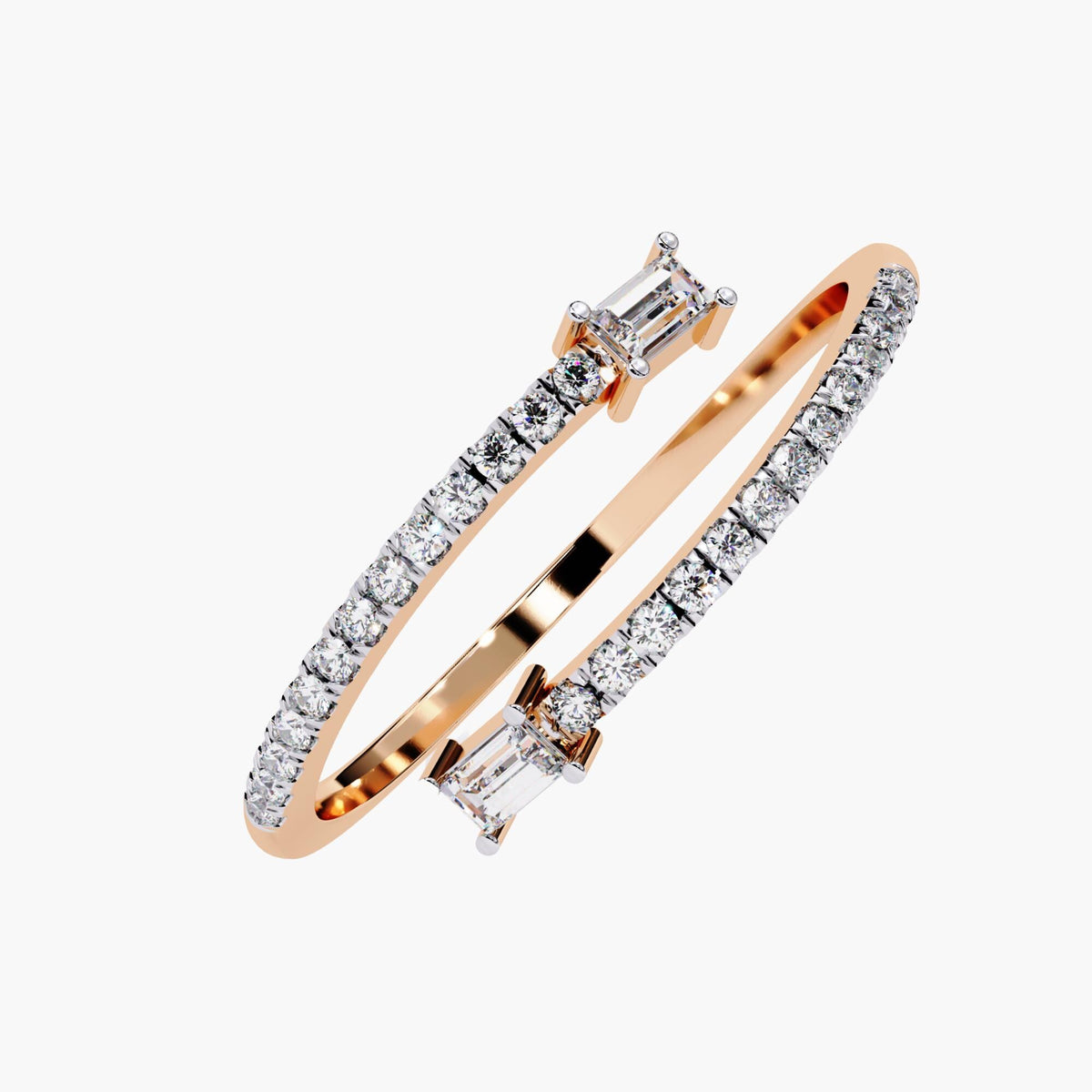 Front view of a 14k rose gold open wrap ring with pavé-set round diamonds along the band and two horizontally-set baguette diamonds at the ends.
The tapered open silhouette is intended for stacking or solo wear.
Designed with geometric contrast between round and step-cut stones.