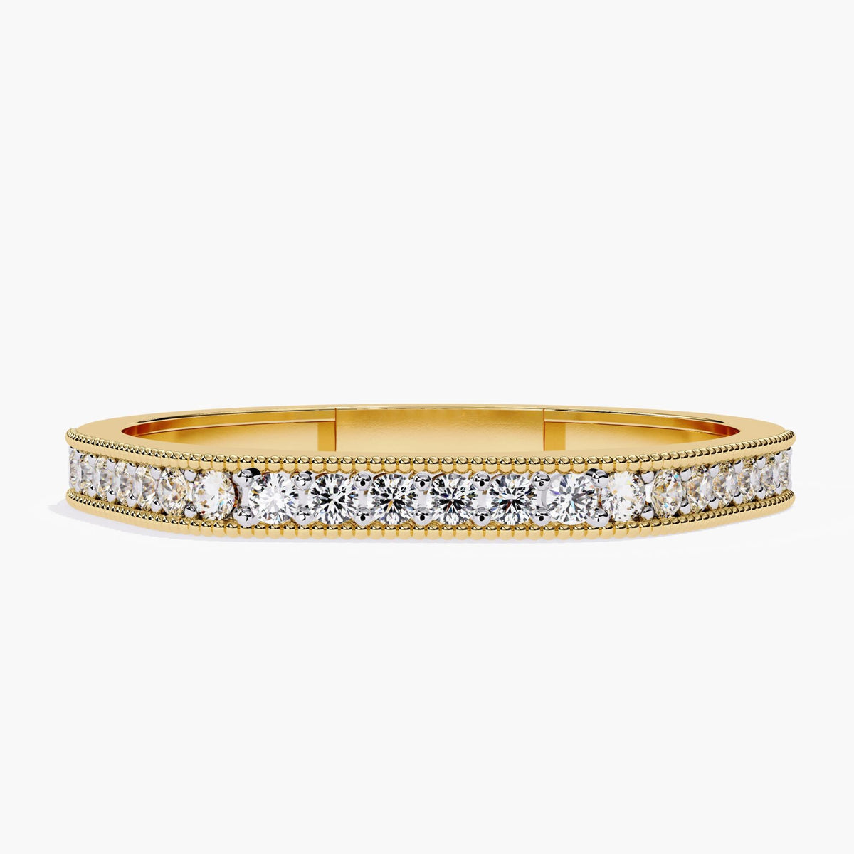 Front view of a 14k yellow gold flat top ring featuring a row of round pavé-set diamonds and detailed milgrain edges. The band has a low-profile, rectangular shape with clean corners.