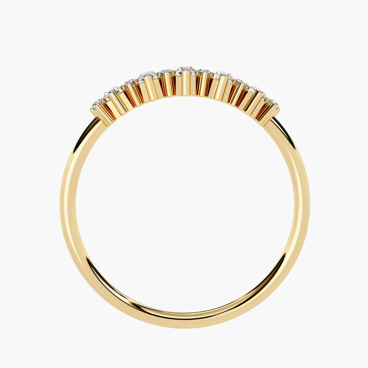 Back view of a 14k yellow gold ring with a half eternity setting, showing the vertical alignment of alternating baguette and round diamonds from the base. The open gallery under each stone enhances light reflection and adds visual depth.