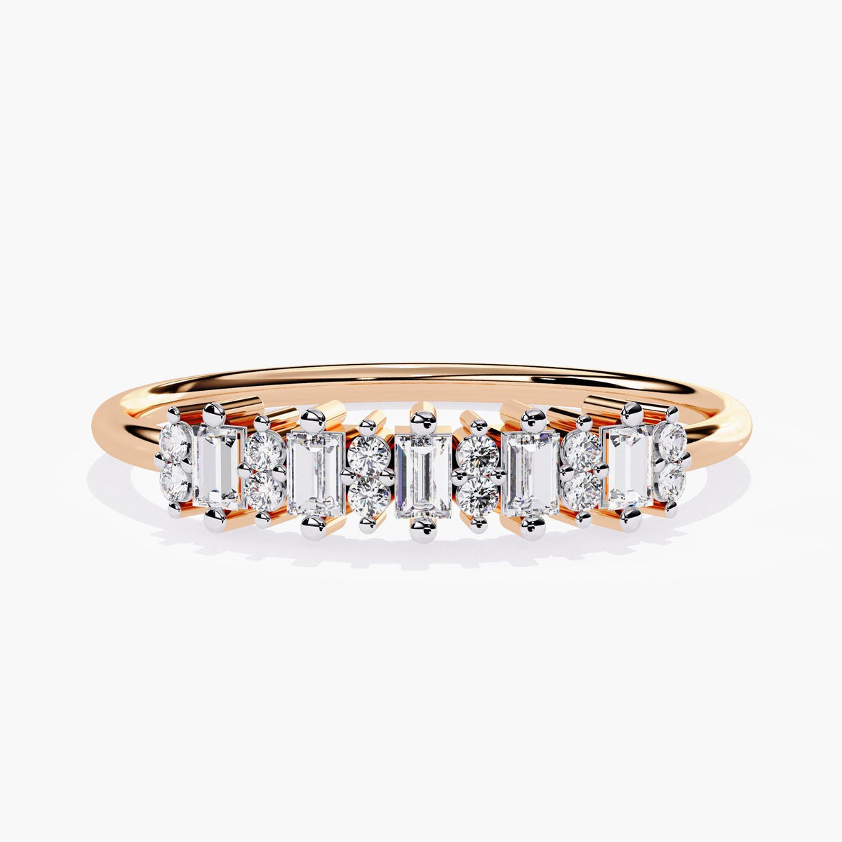 Front view of a rose gold ring featuring a row of vertically set baguette diamonds alternating with round diamonds in prong settings. The warm rose gold band adds softness to the geometric design.