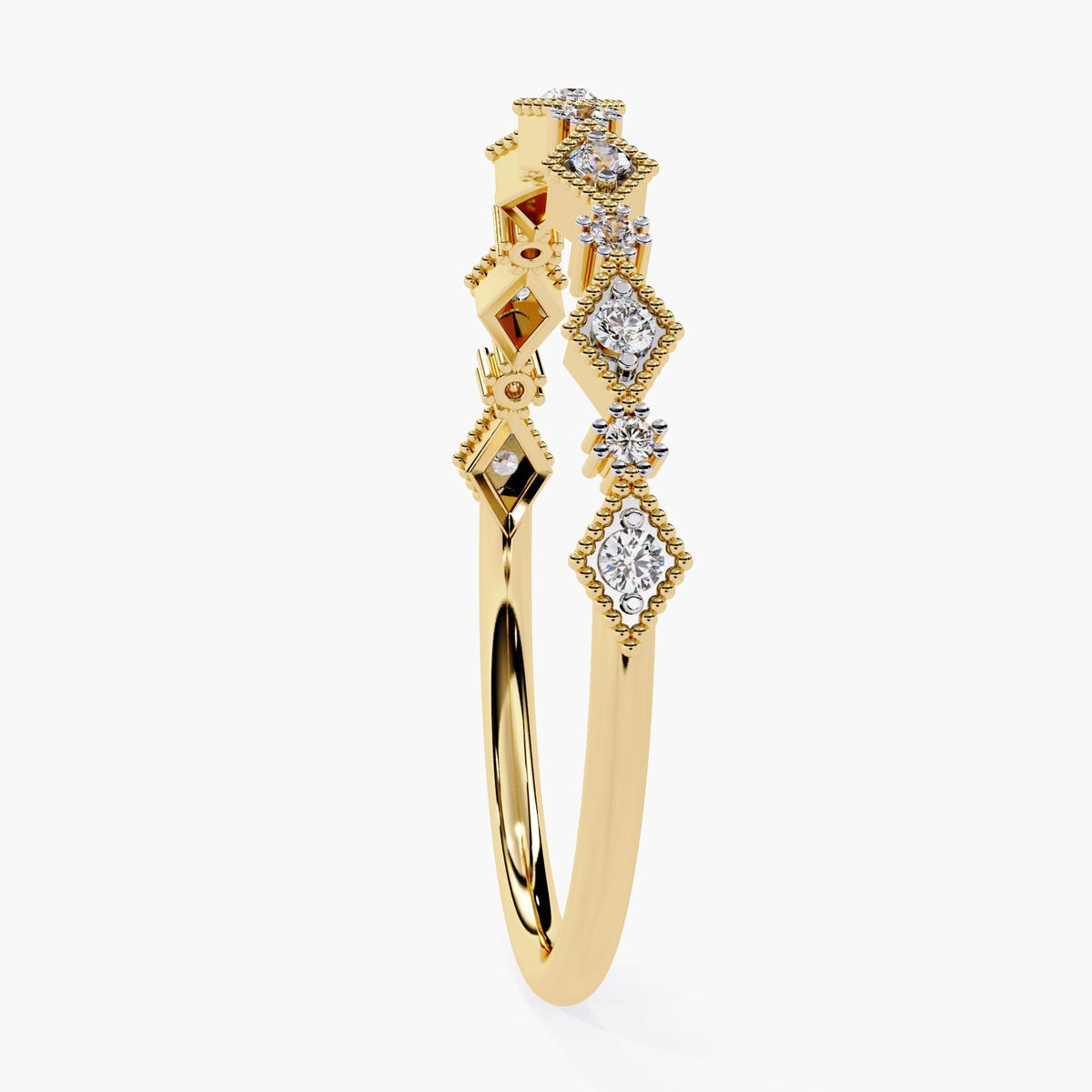 Side profile of a 14k gold Art Deco ring with lab-grown round diamonds set in alternating prong and marquise-shaped milgrain bezels. The slim band showcases its structured gallery and low-profile silhouette for comfortable stacking.