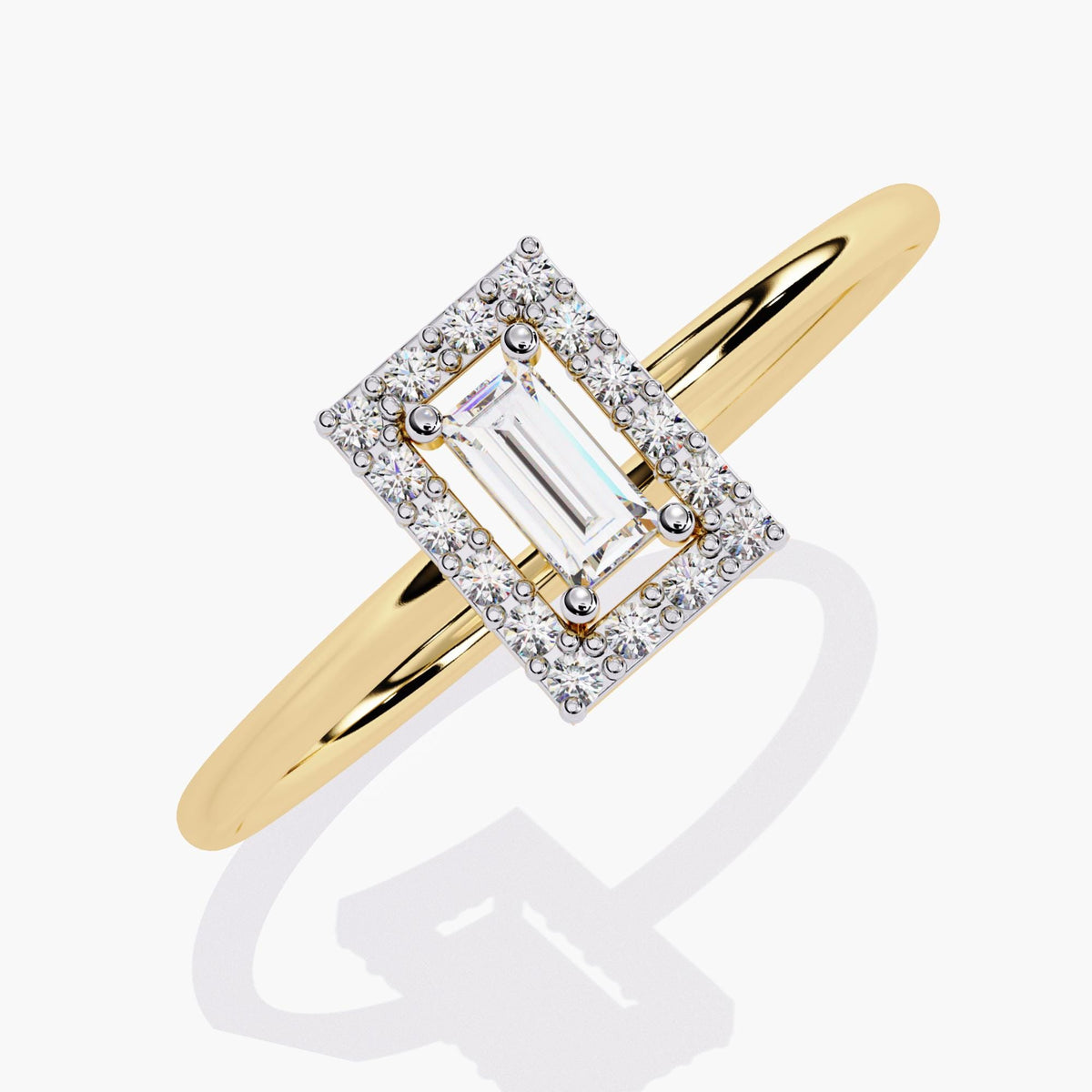 A yellow gold ring featuring a rectangular baguette-cut diamond at the center, surrounded by a halo of round brilliant diamonds. The pave-set diamonds enhance the beauty of the baguette diamond, adding extra sparkle and dimension. The polished band complements the detailed diamond setting, offering a modern yet timeless aesthetic, perfect as an engagement ring or statement piece.